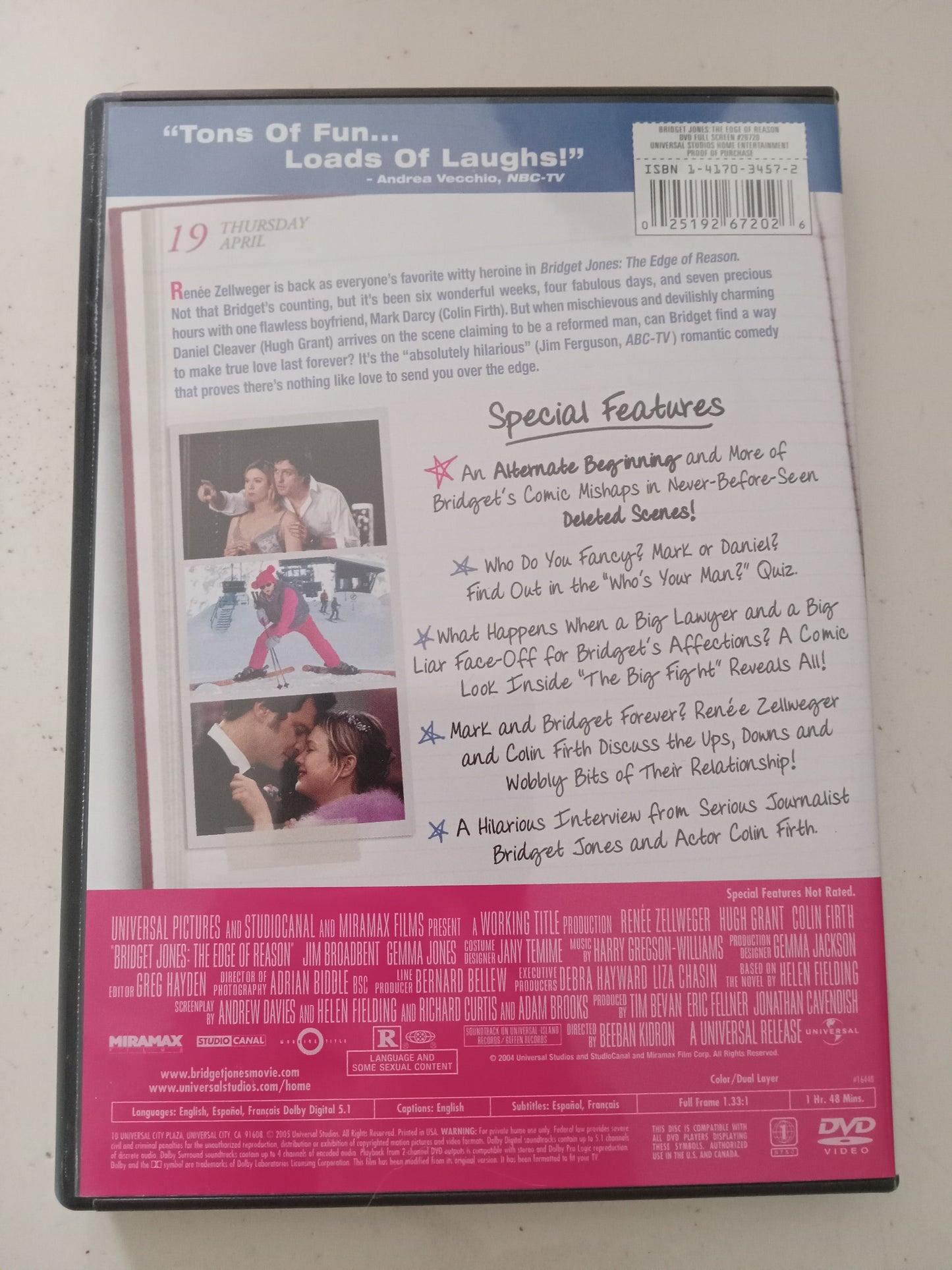 Bridget Jones The Edge Of Reason, DVD Movie, Hugh Grant Fullscreen, Rated R, USED