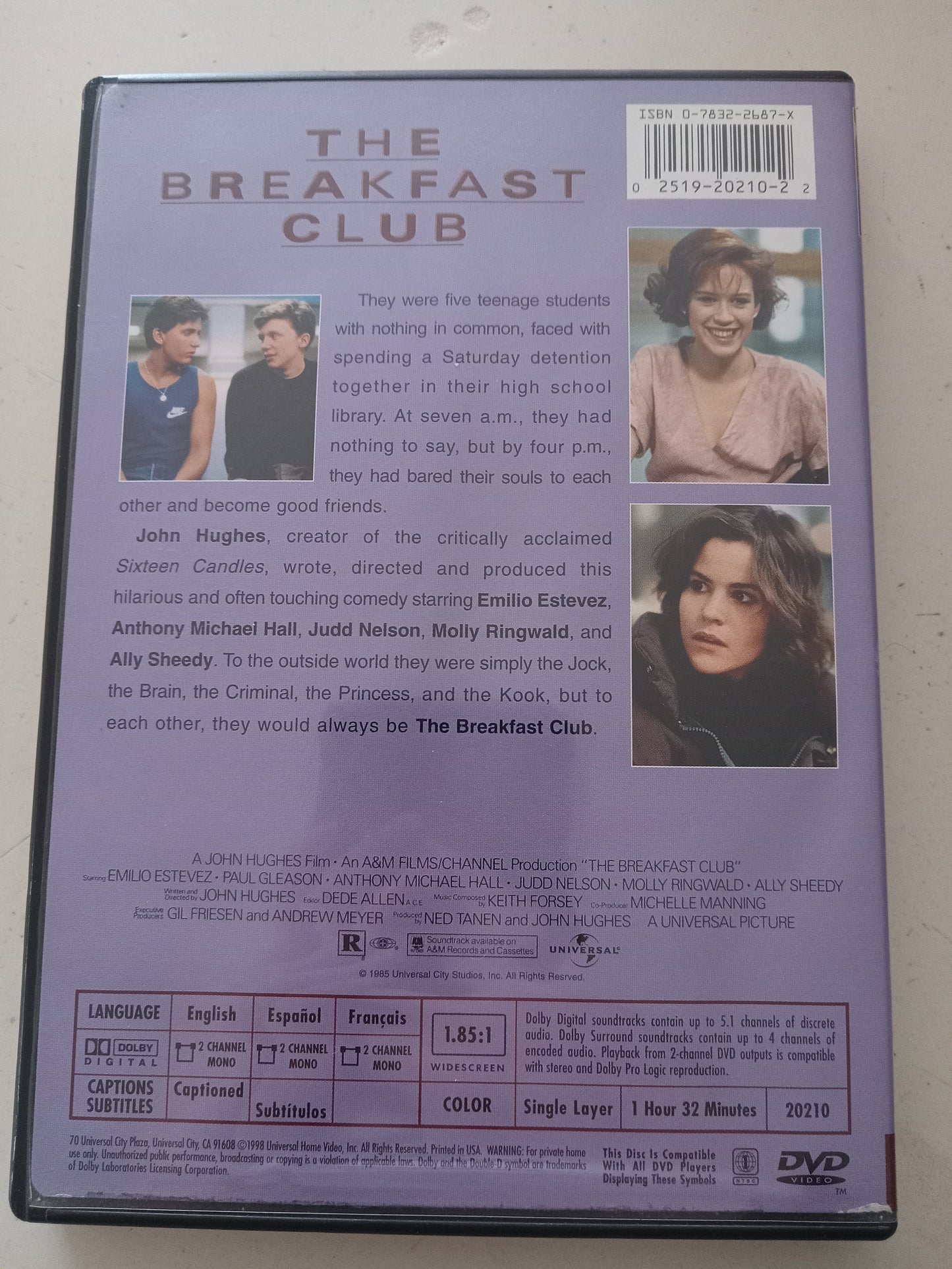The Breakfast Club, DVD Movie, Molly Ringwald Widescreen, Rated R, USED
