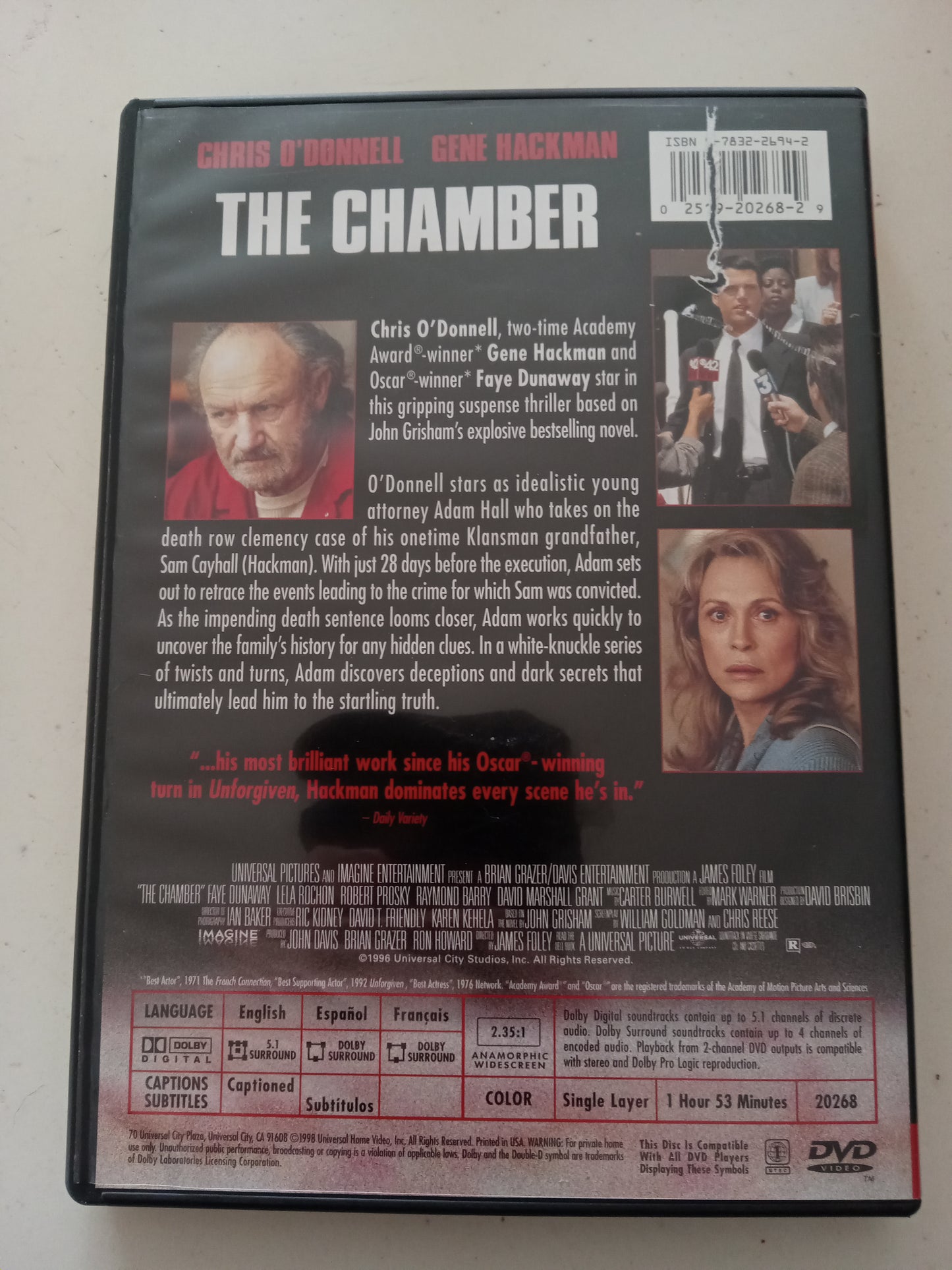 The Chamber, DVD Movie, Gene Hackman Widescreen, Rated R, USED