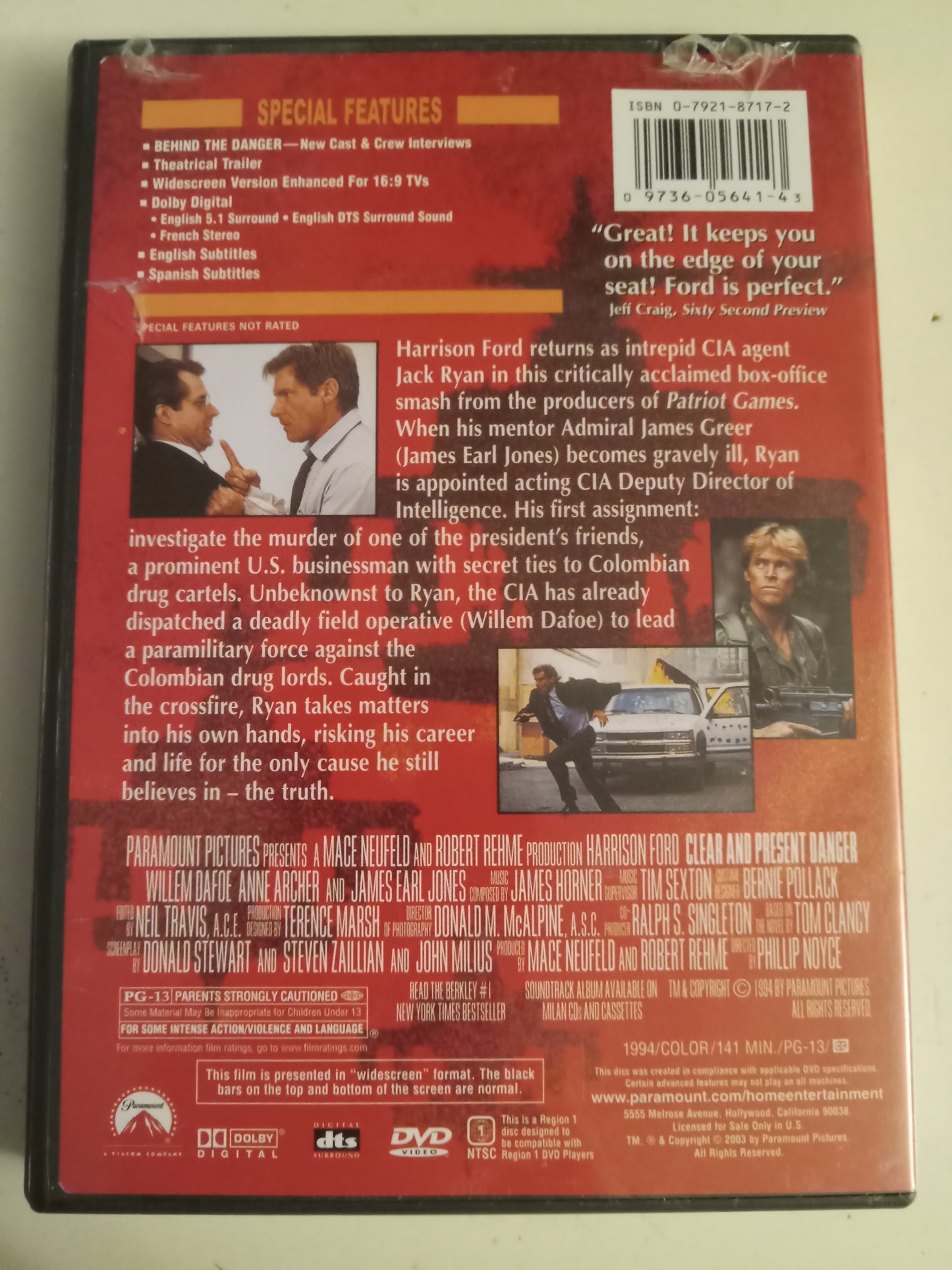 Clear And Present Danger, Special Collector's Ed. DVD Movie, Harrison Ford Widescreen, Rated PG-13, USED