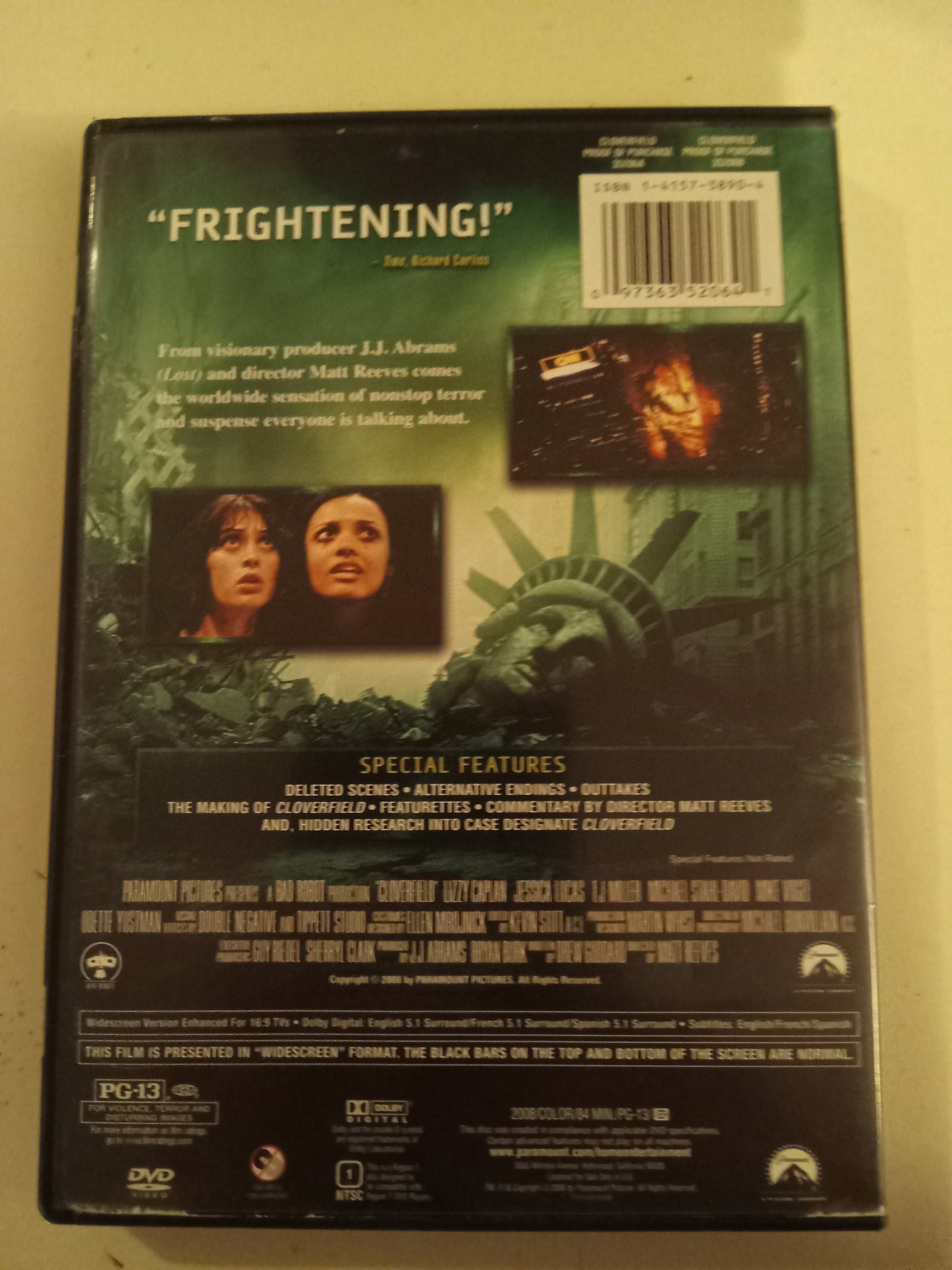 Cloverfield, DVD Movie, Lizzy Caplan Widescreen, Rated PG-13, USED