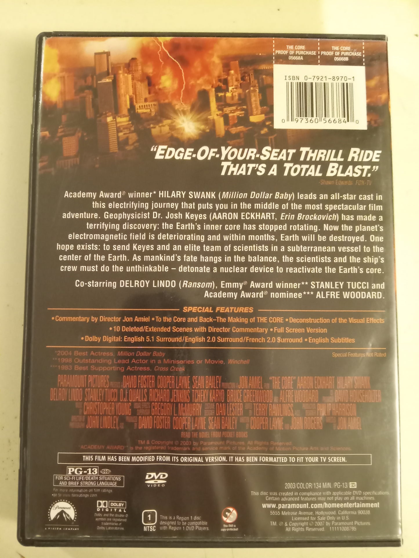 The Core, DVD Movie, Aaron Eckhart Fullscreen, Rated PG-13, USED