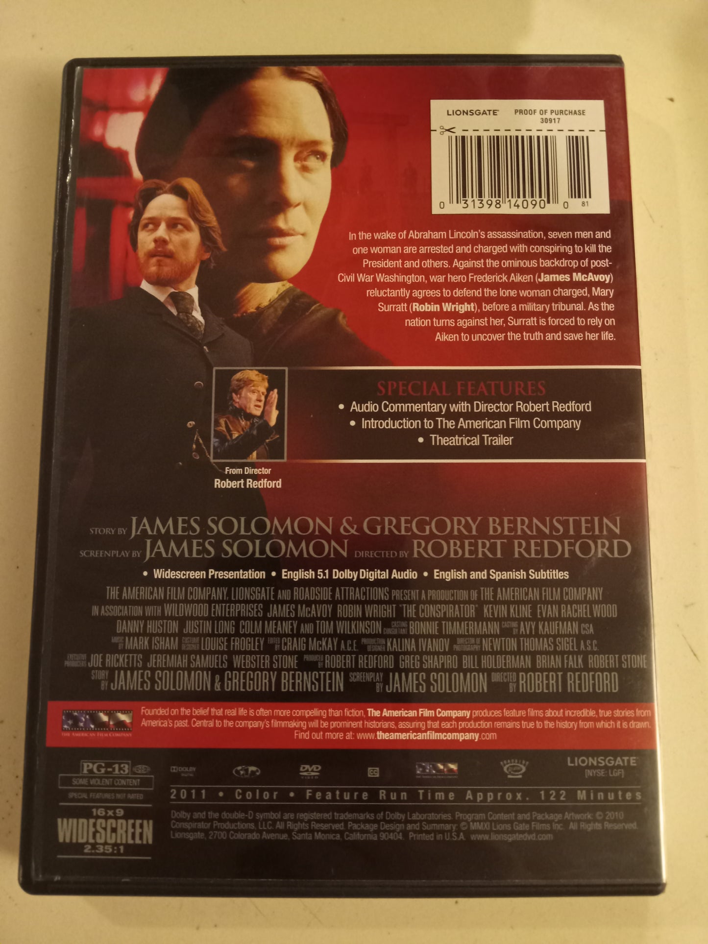 The Conspirator, DVD Movie, James McAvoy Widescreen, Rated PG-13, USED