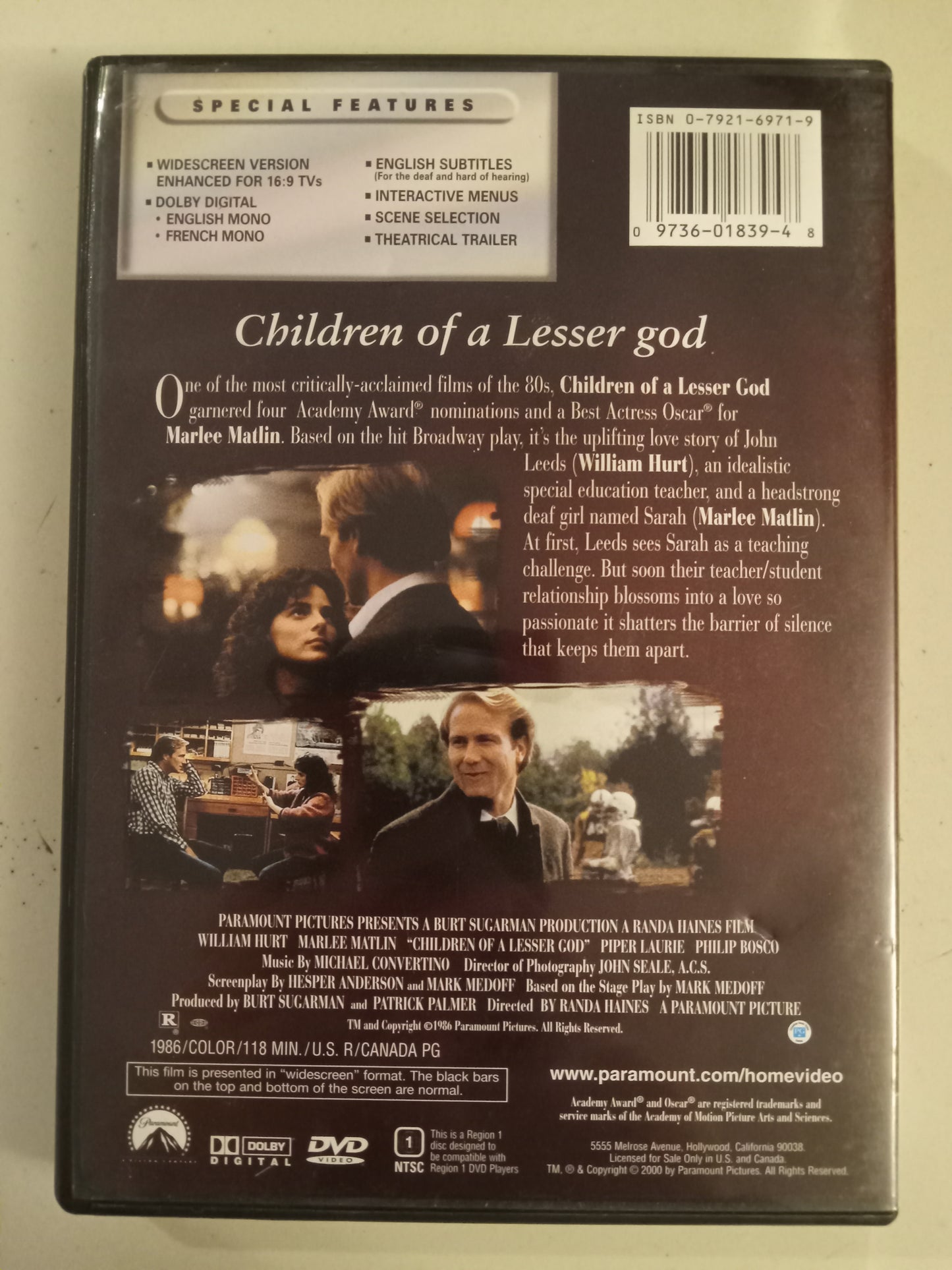 Children Of A Lesser God, DVD Movie, William Hurt Widescreen, Rated R, USED