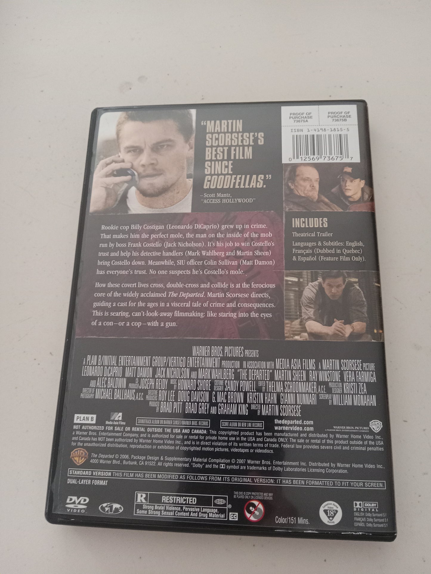 The Departed, DVD Movie, Leonardo DiCaprio Fullscreen, Rated R, USED