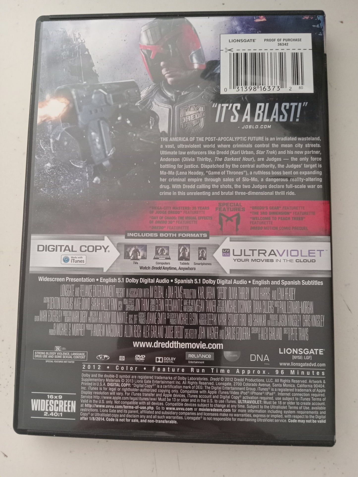 Dredd, DVD Movie, Karl Urban Widescreen, Rated R, USED