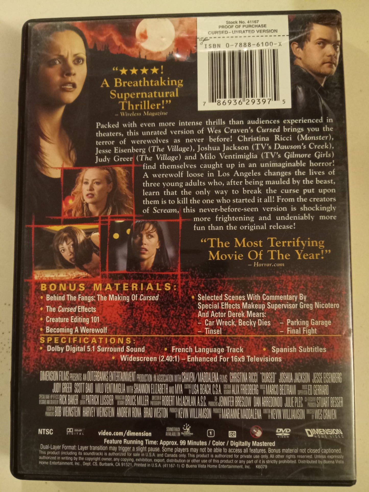 Cursed, DVD Movie, Christina Ricci Widescreen, Not Rated, USED
