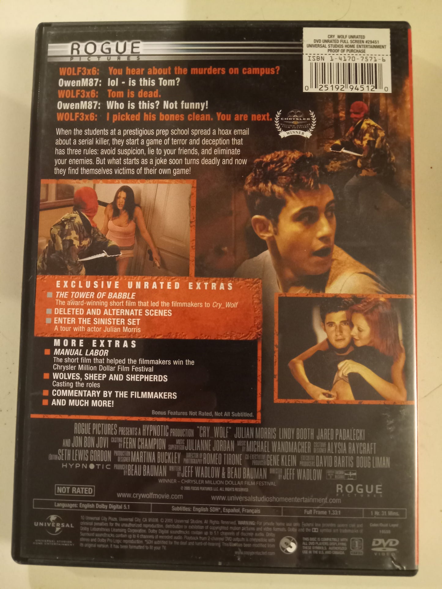 Cry Wolf, DVD Movie, Jon Bon Jovi Fullscreen, Not Rated, USED