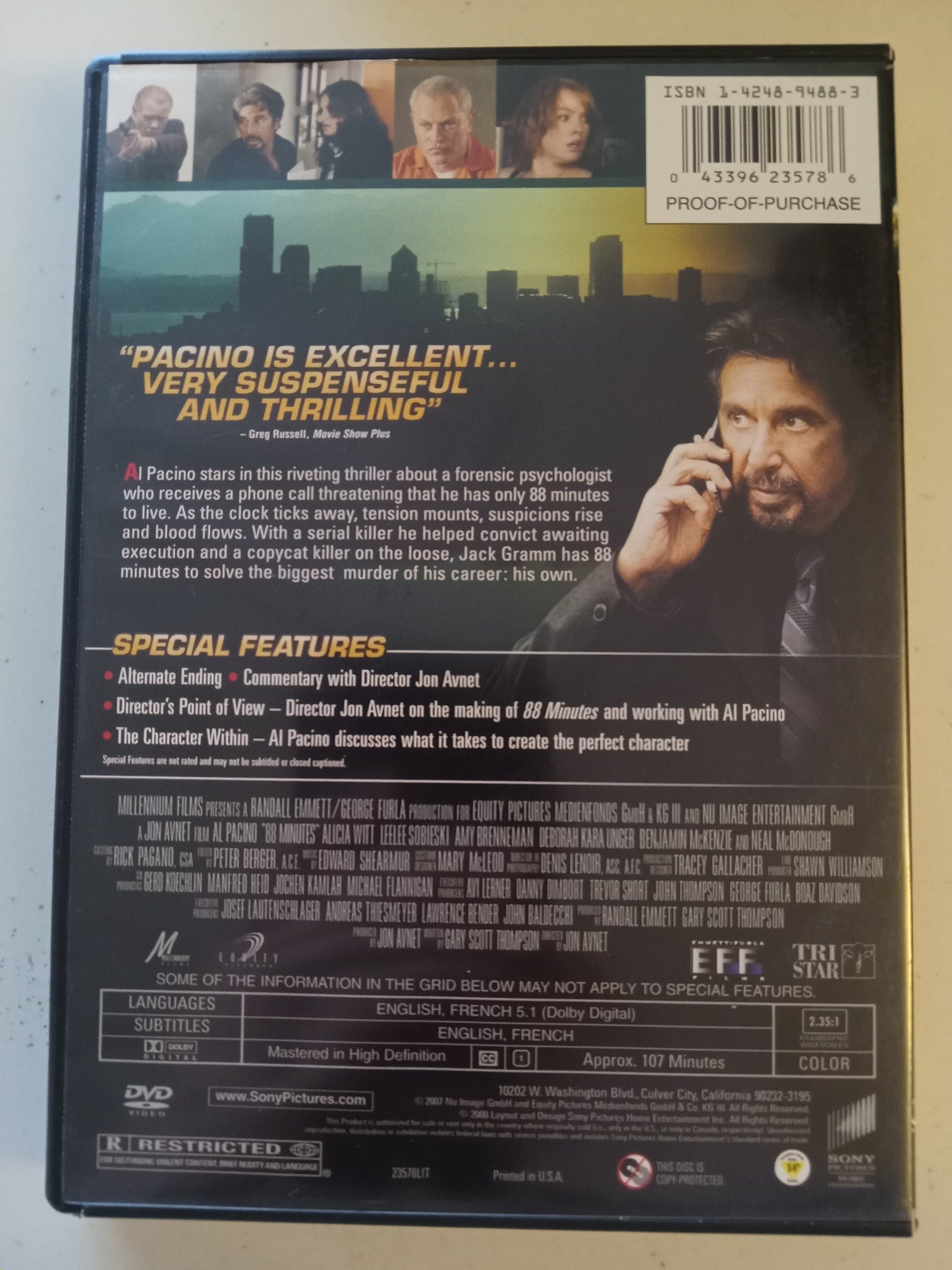 88 Minutes, DVD Movie, Al Pacino Widescreen, Rated R, USED