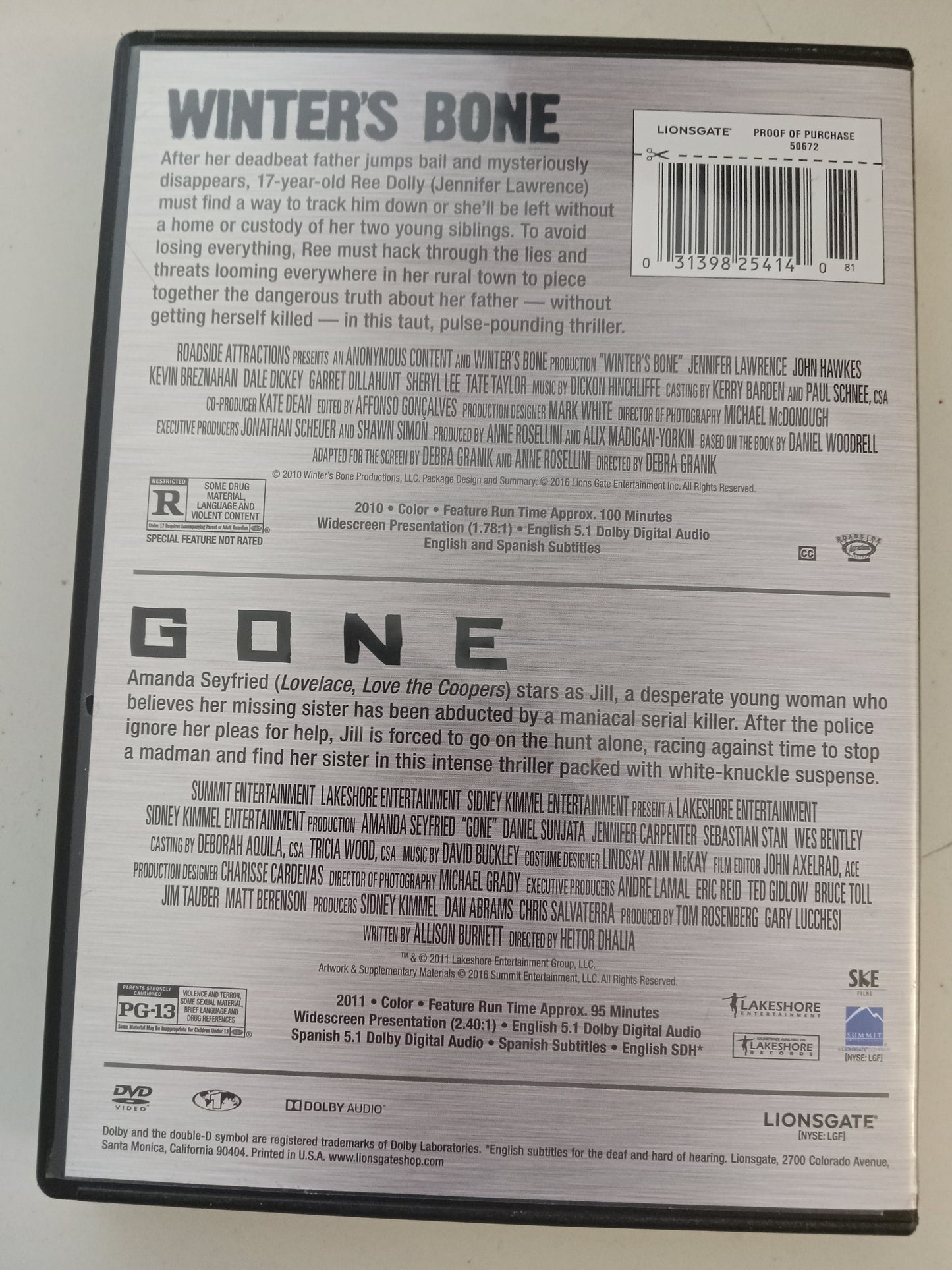 Winter's Bone And Gone, 2 Discs, Double Feature, DVD Movie, Jennifer Lawrence Widescreen, Rated R, Rated PG-13, USED