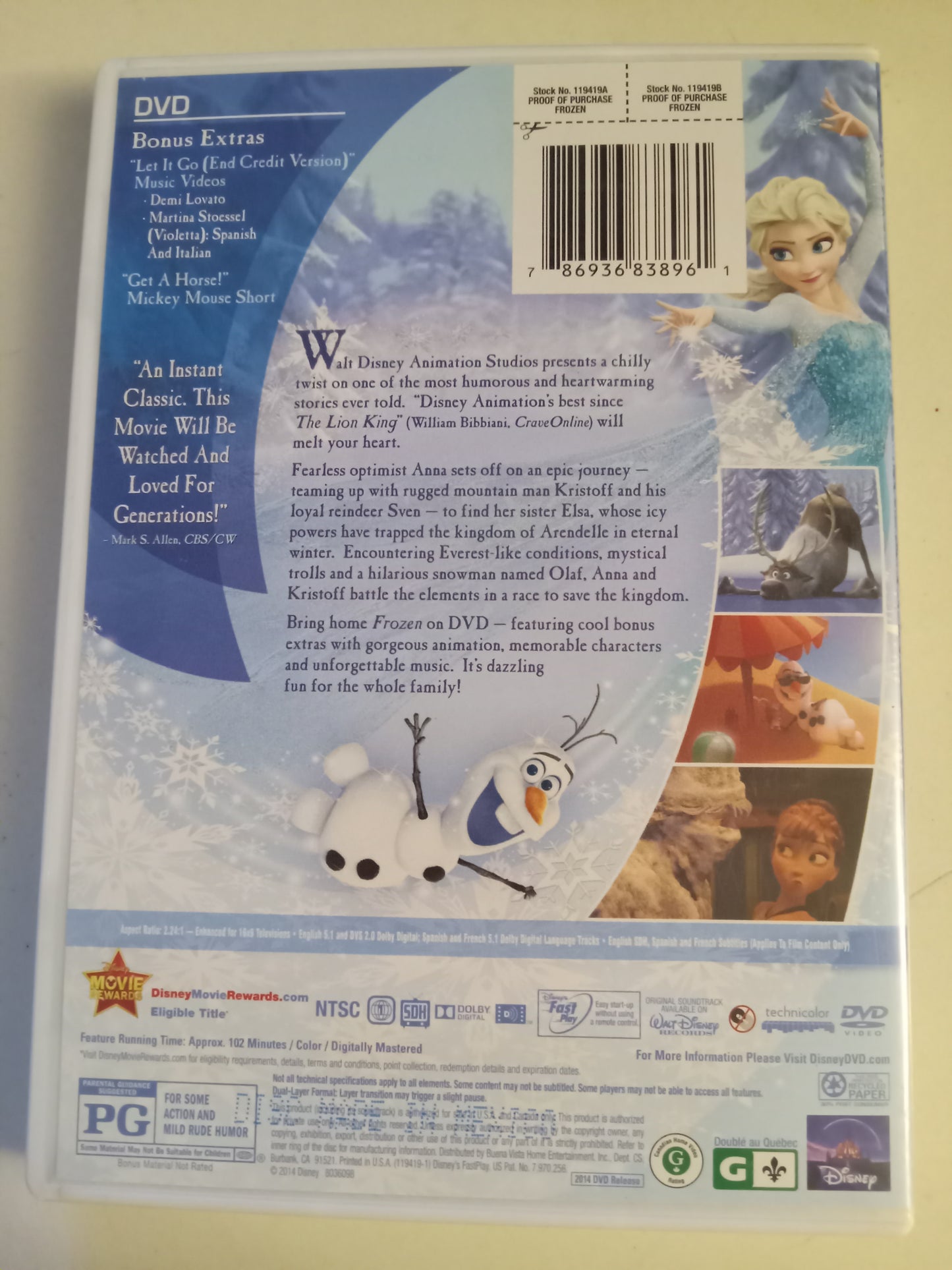 Frozen, Disney Animated DVD Movie, Widescreen, Rated PG, USED