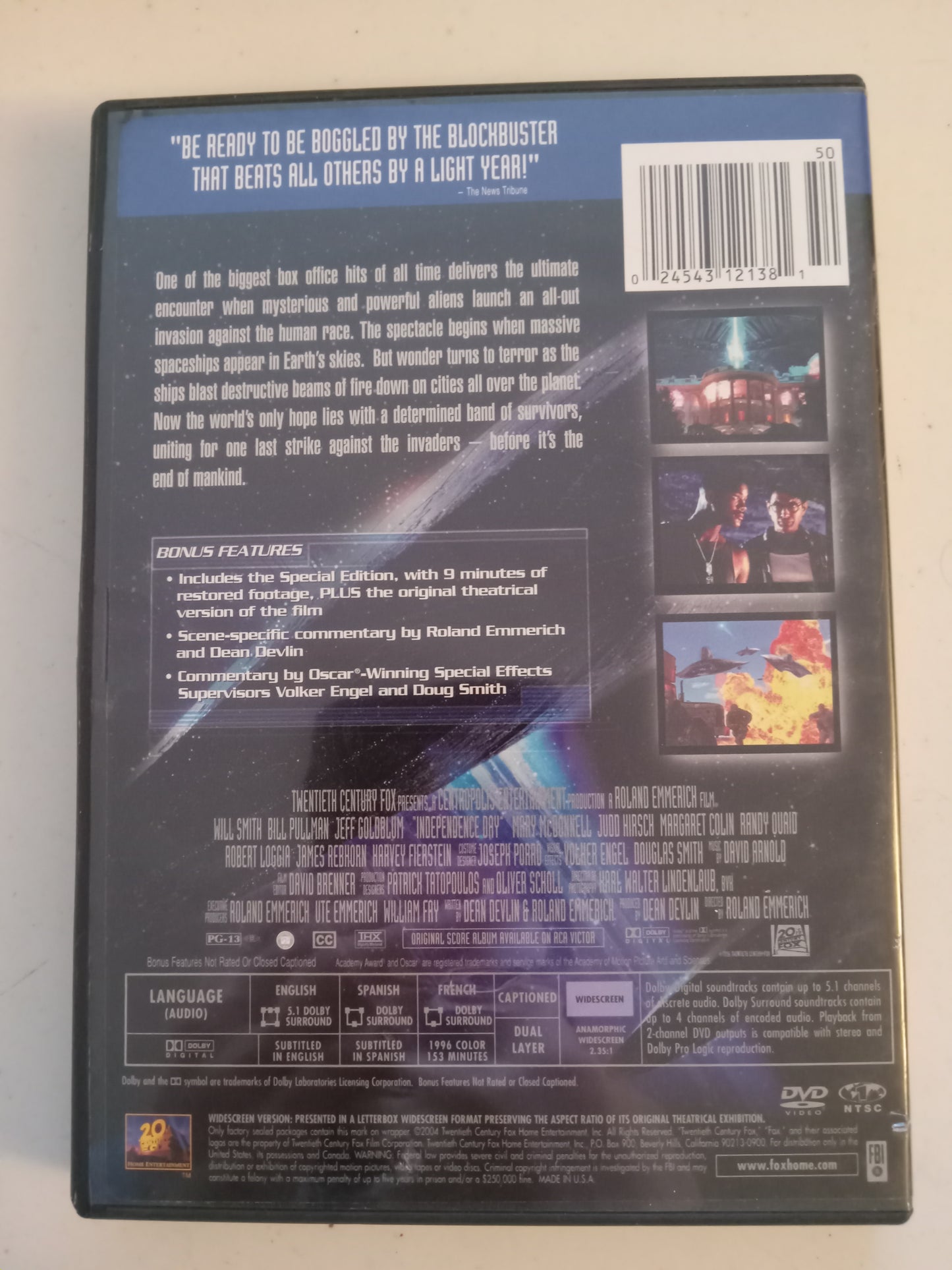 Independence Day, DVD Movie, Limited Ed. Will Smith Widescreen, Rated PG-13, USED