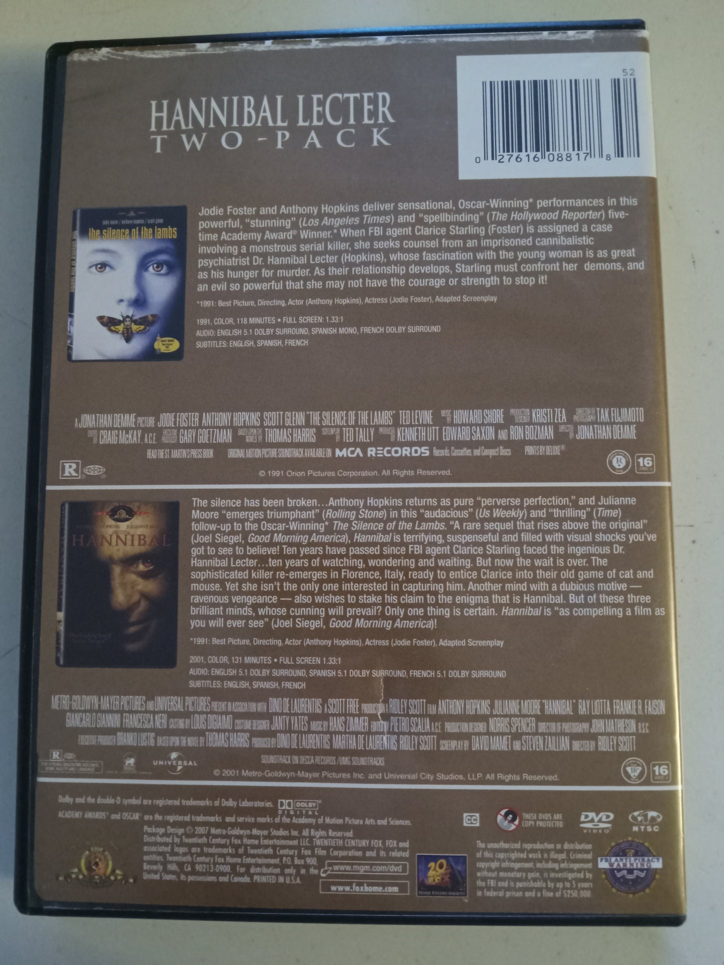 Hannibal Lecter, Hannibal, The Silence Of The Lamb, 2 Discs, DVD Movies, Anthony Hopkins Fullscreen, Rated R, USED