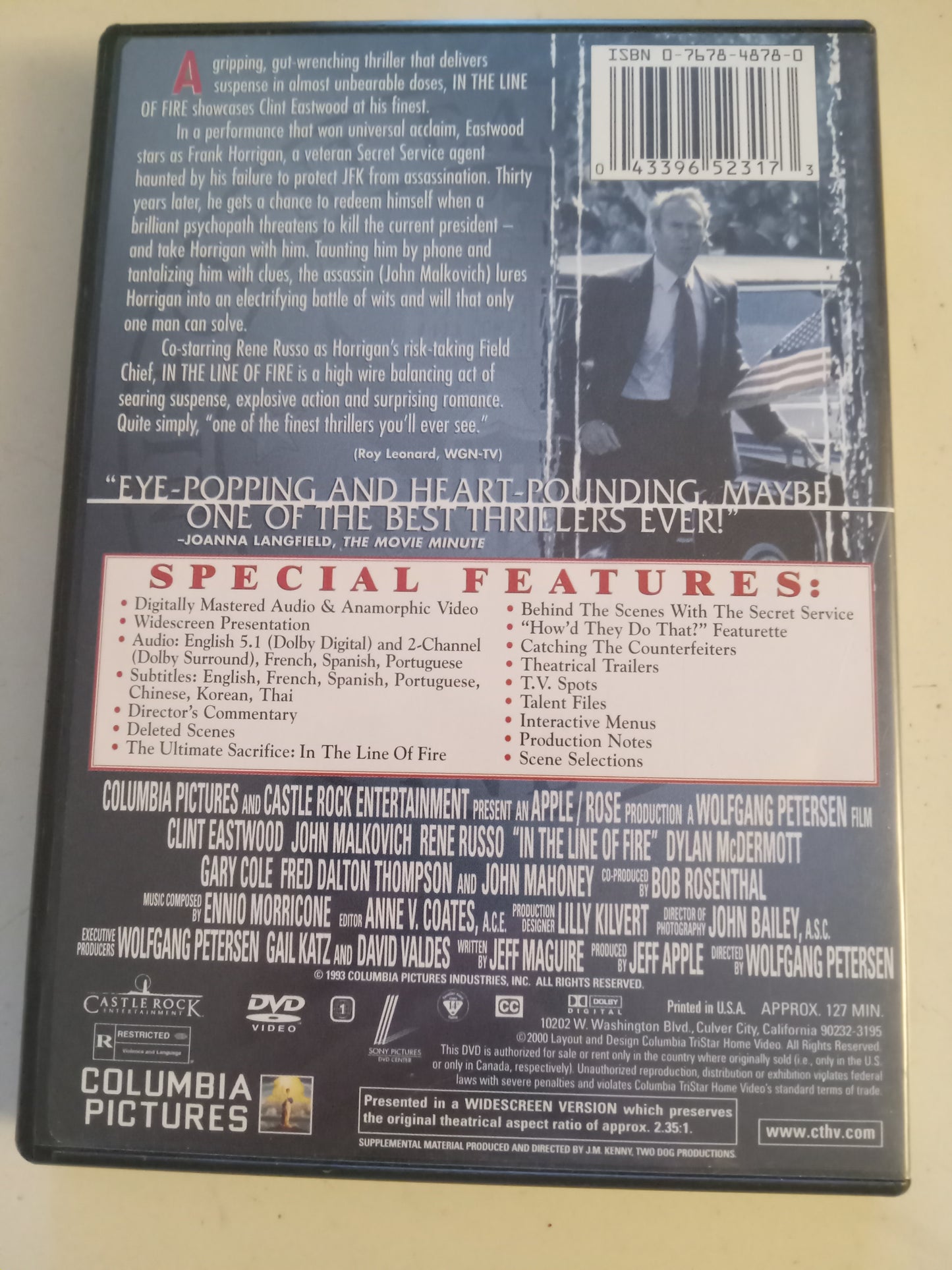 In The Line Of Fire, DVD Movie, Special Ed. Clint Eastwood Widescreen, Rated R, USED
