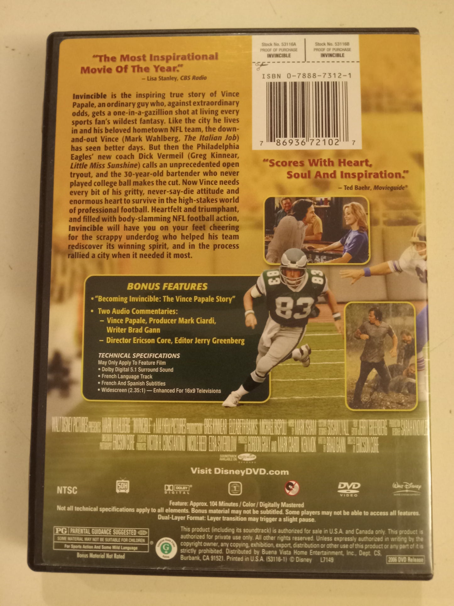 Invincible, DVD Movie, Mark Wahlberg Widescreen, Rated PG, USED