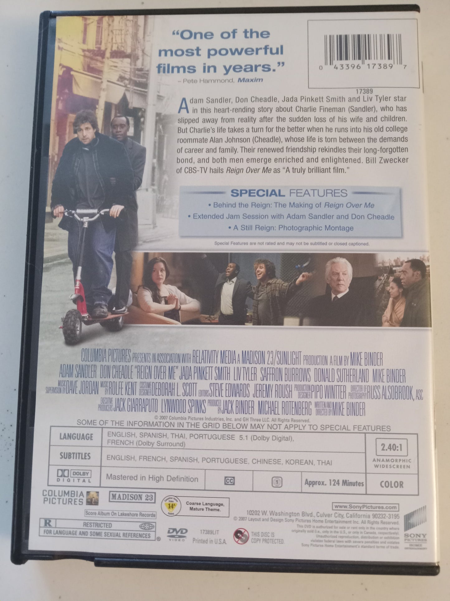 Reign Over Me DVD Movie, Adam Sandler Widescreen/Fullscreen, Rated R, USED