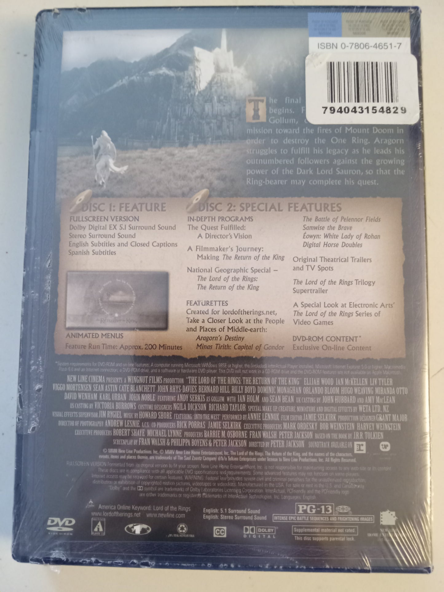 The Lord Of The Rings, The Return Of The King, 2 Discs DVD Movie, Fullscreen, Rated PG-13, NEW/USED