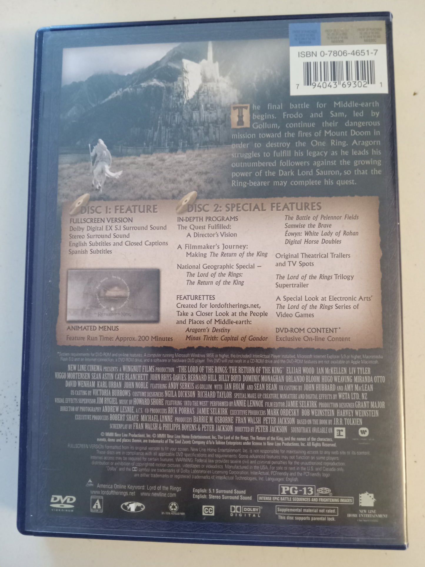 The Lord Of The Rings, The Return Of The King, 2 Discs DVD Movie, Fullscreen, Rated PG-13, NEW/USED