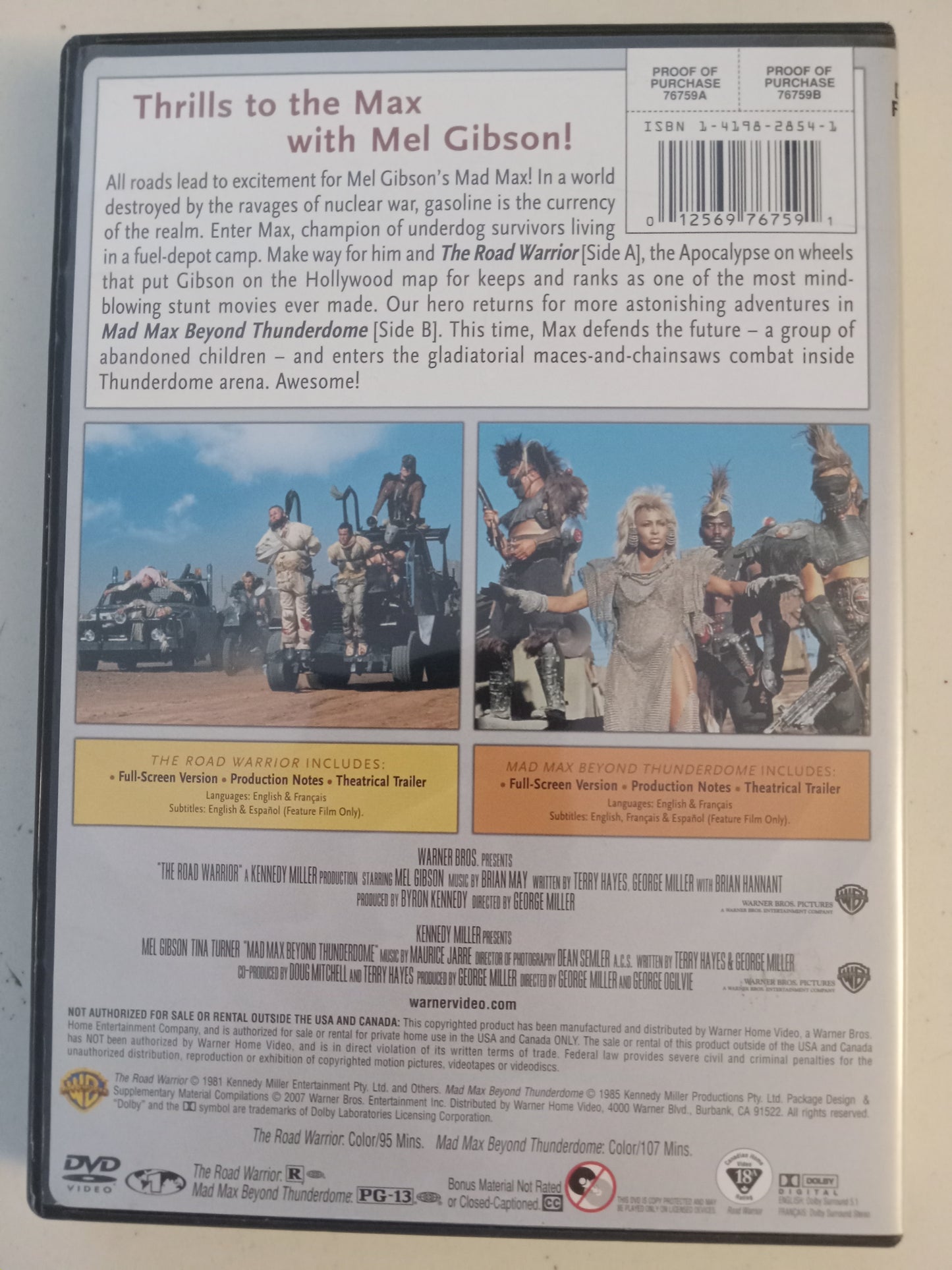 Mad Max in The Road Warrior And Beyond Thunderdome, 2 DVD Movies, Mel Gibson Fullscreen/Widescreen, Rated R/PG-13, USED
