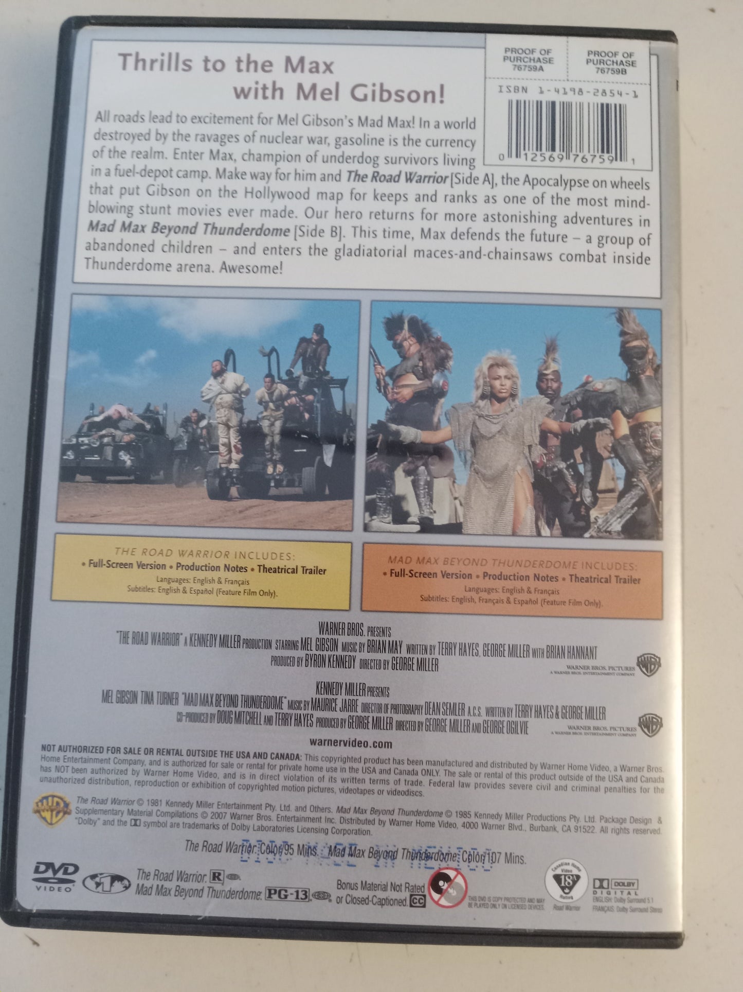 Mad Max in The Road Warrior And Beyond Thunderdome, 2 DVD Movies, Mel Gibson Fullscreen/Widescreen, Rated R/PG-13, USED