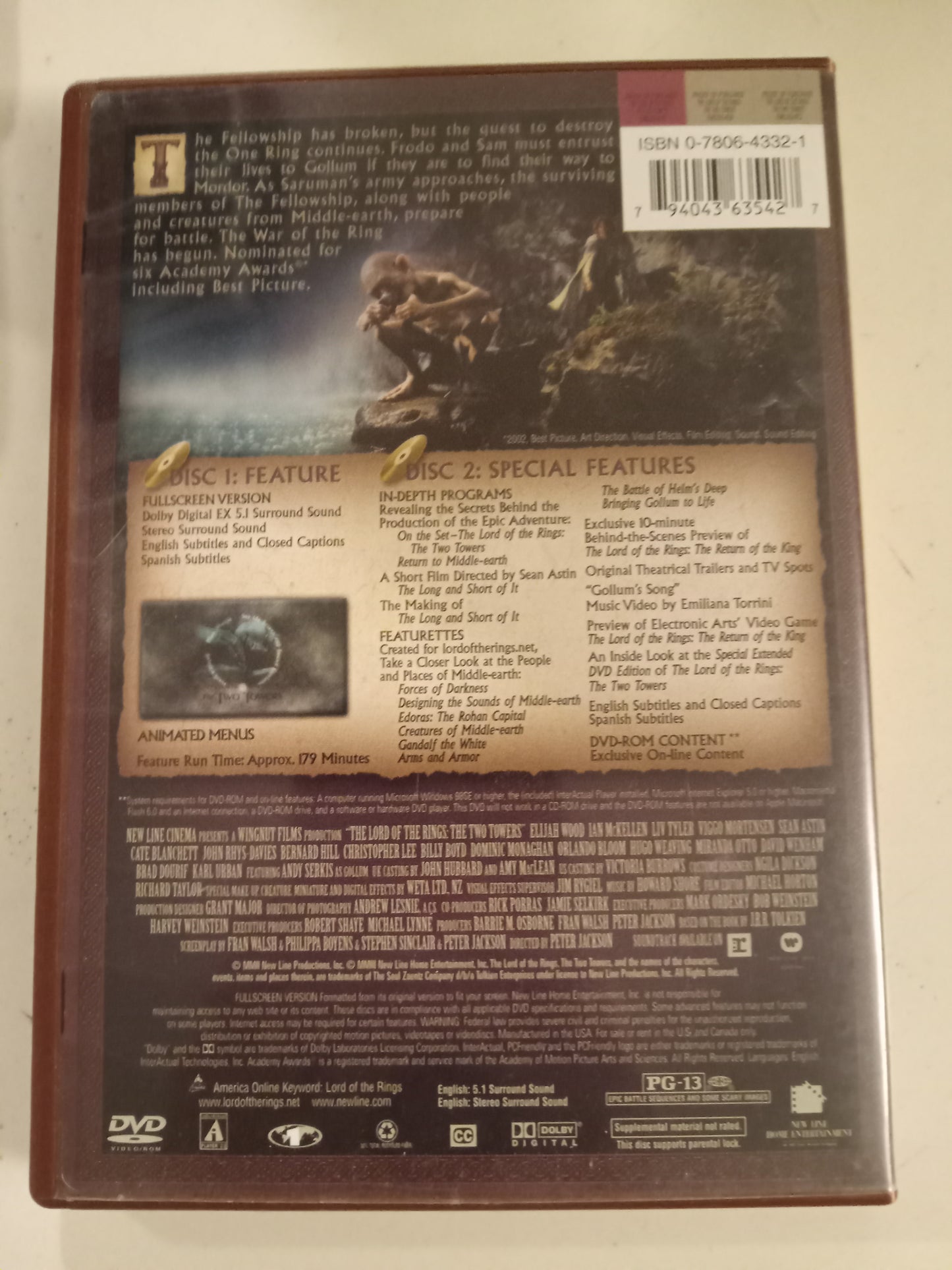 The Lord Of The Rings The Two Towers, DVD Movie, 2 Disc Ed. Fullscreen, Rated PG-13, USED