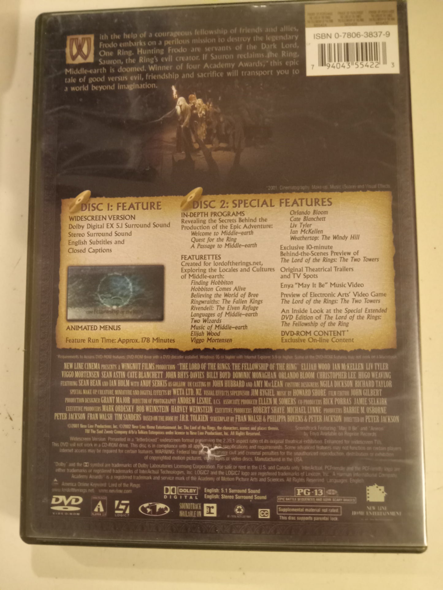 The Lord Of The Rings The Fellowship Of The Ring, DVD Movie, 2 Disc Ed. Widescreen, Rated PG-13, USED