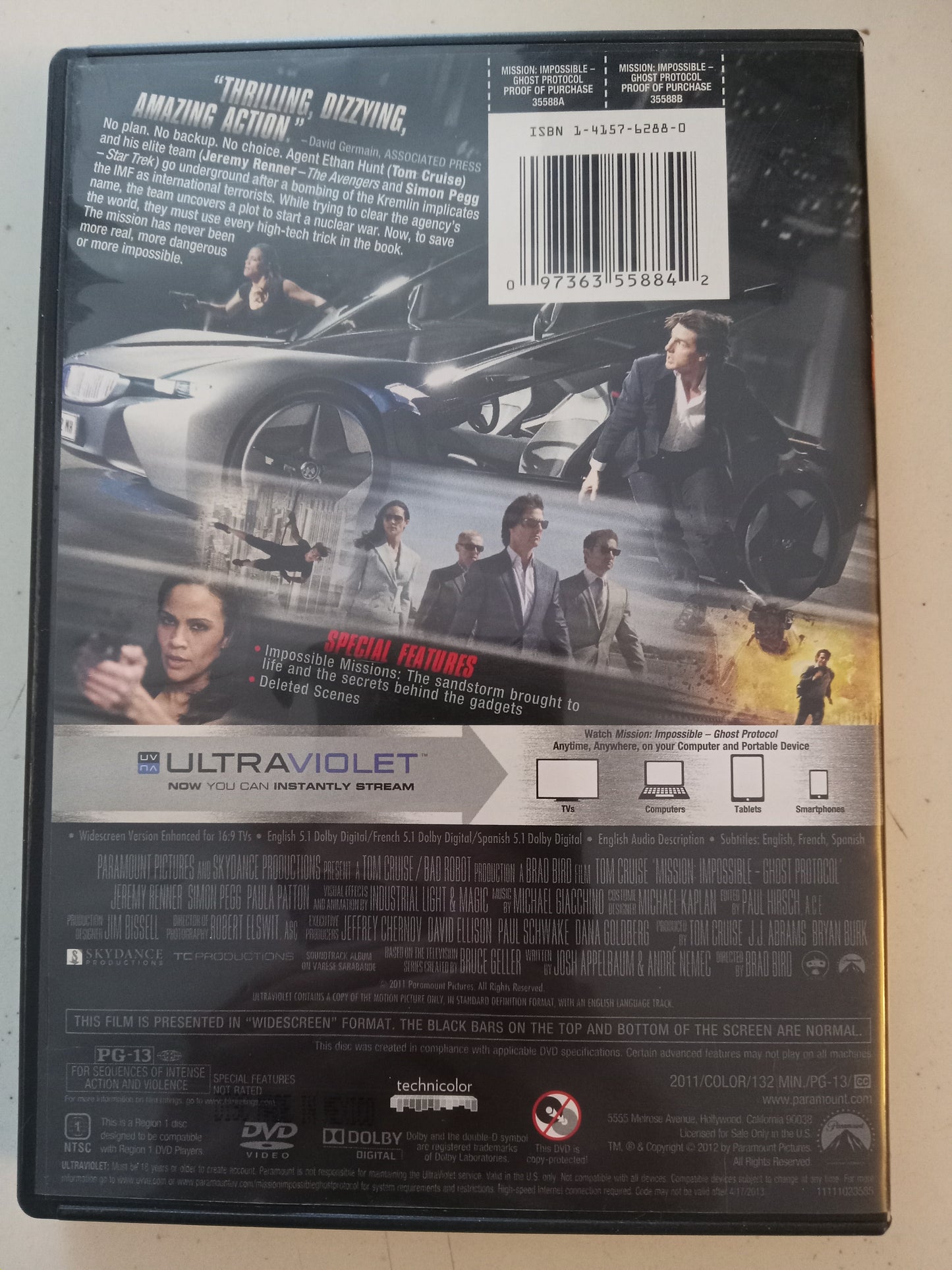 Mission Impossible Ghost Protocol, DVD Movie, Tom Cruise Widescreen, Rated PG-13, USED