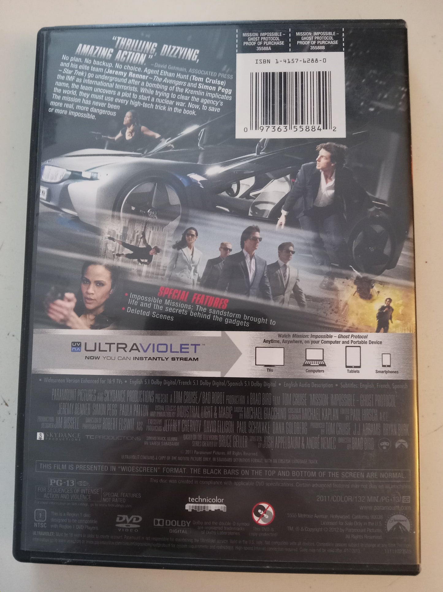 Mission Impossible Ghost Protocol, DVD Movie, Tom Cruise Widescreen, Rated PG-13, USED