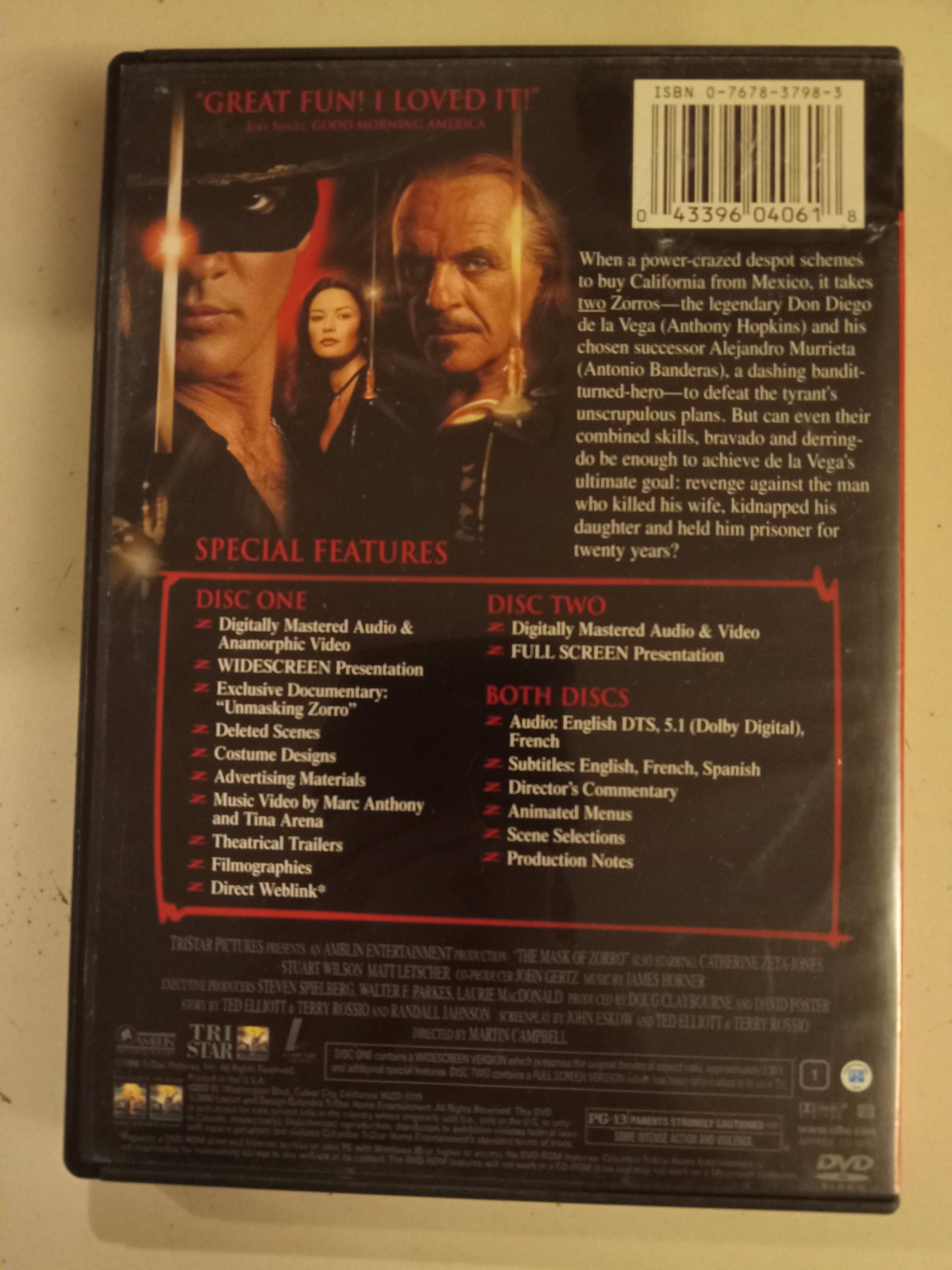 The Mask Of Zorro, DVD Movie, Antonio Banderas Widescreen, Special Ed. Rated PG-13, USED