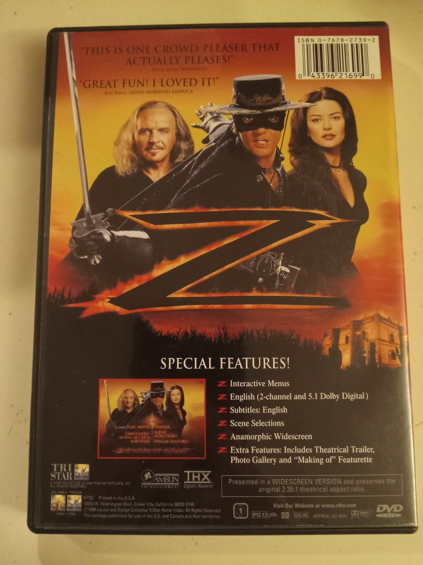 The Mask Of Zorro, DVD Movie, Antonio Banderas Widescreen, Special Ed. Rated PG-13, USED