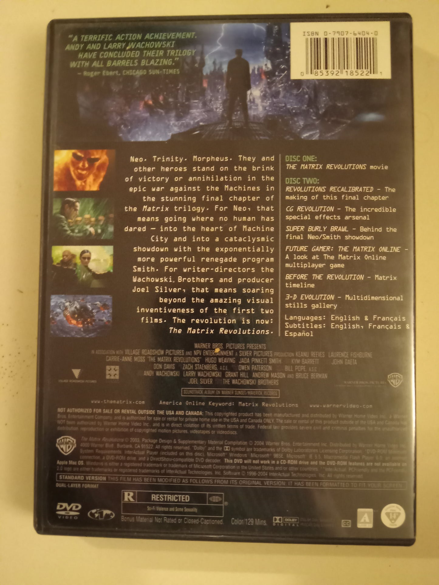 Matrix Revolutions, 2 Disc DVD Movie, Keanu Reeves Fullscreen/Widescreen, Rated R, USED