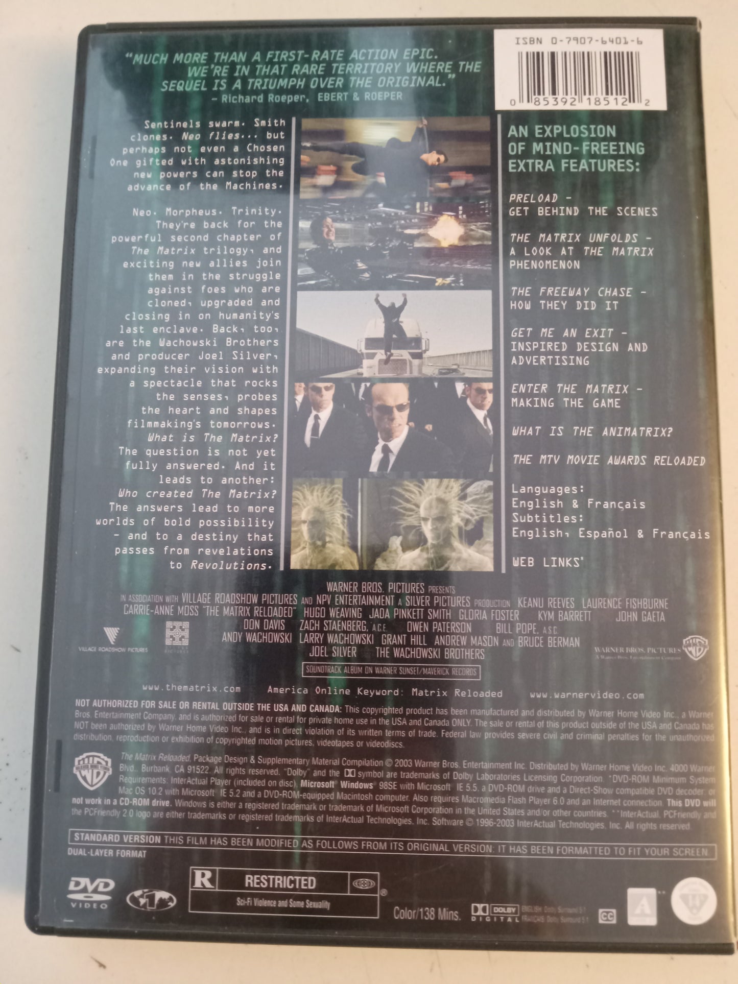 Matrix Reloaded, 2 Disc DVD Movie, Keanu Reeves Fullscreen/Widescreen, Rated R, USED