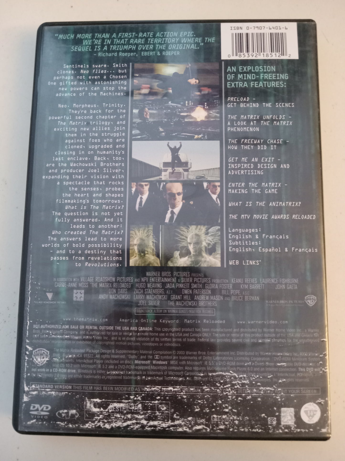 Matrix Reloaded, 2 Disc DVD Movie, Keanu Reeves Fullscreen/Widescreen, Rated R, USED