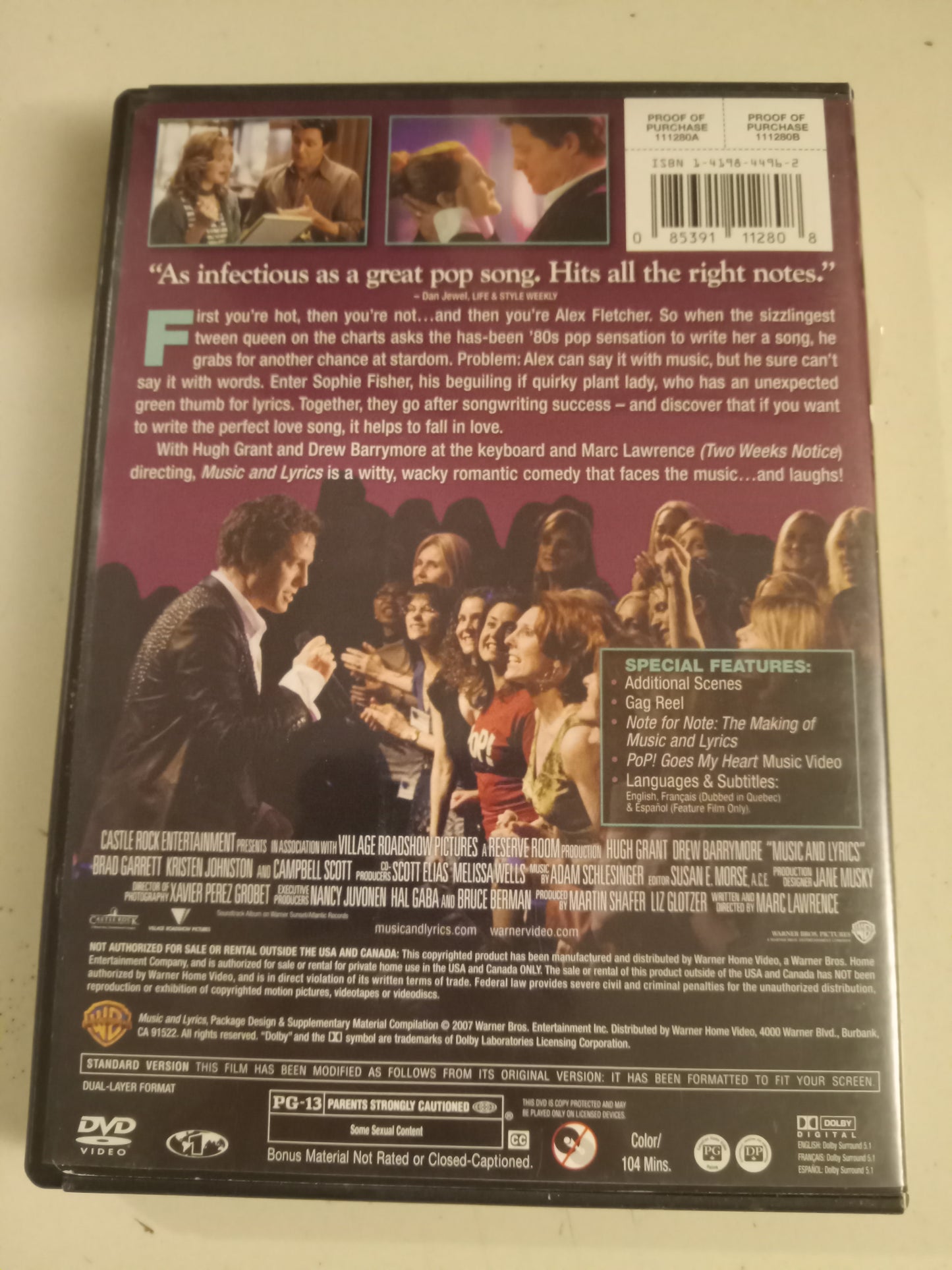 Music And Lyrics, DVD Movie, Drew Barrymore Fullscreen/Widescreen, Rated PG-13, USED