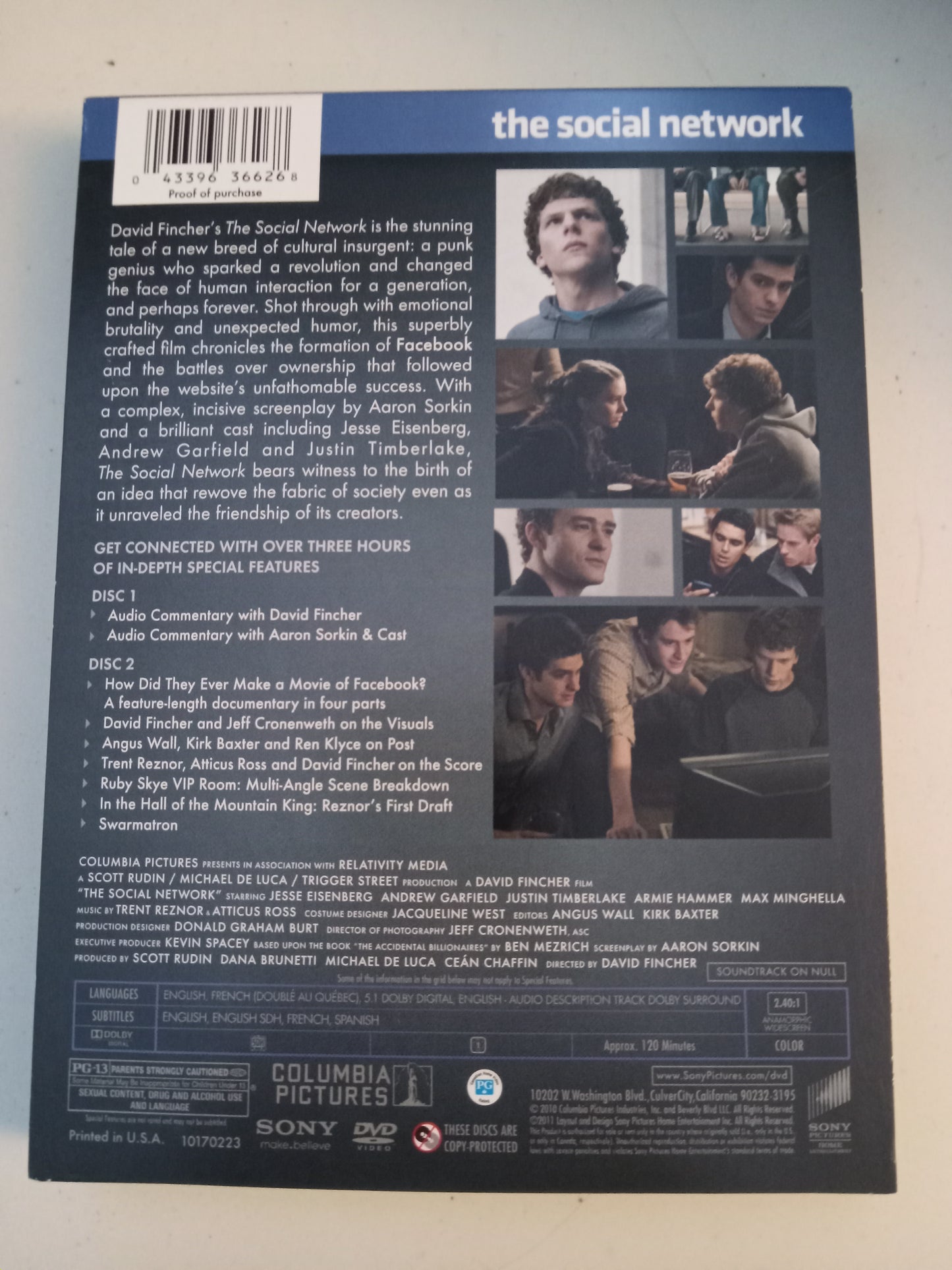 The Social Network, 2 Disc Collector's Ed. DVD Movie, Jesse Eisenberg Widescreen, Rated PG-13, USED
