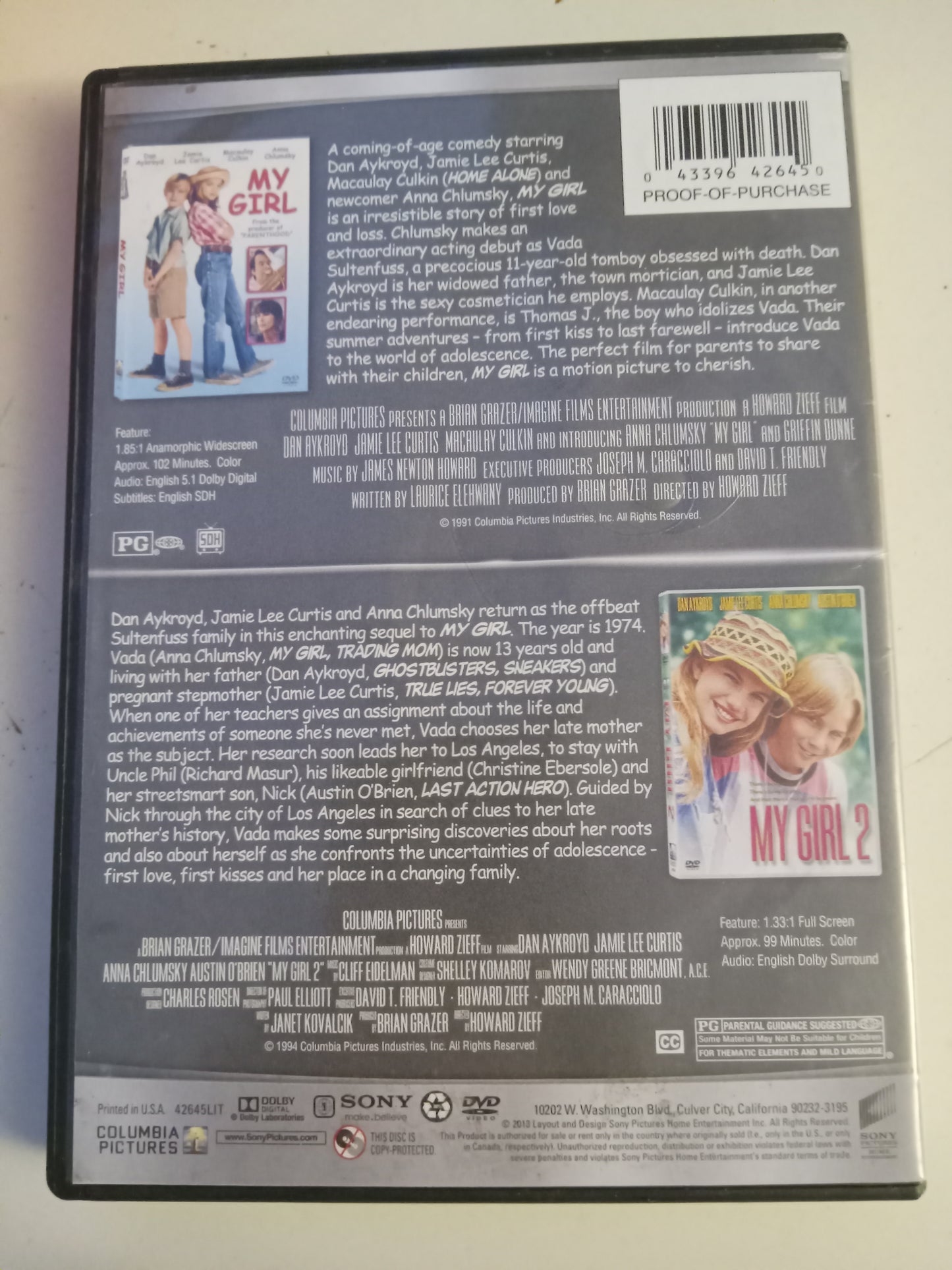 My Girl 1 & 2, Double Feature, 2 DVD Movies, Anna Chlumsky Fullscreen/Widescreen, Rated PG-13, USED