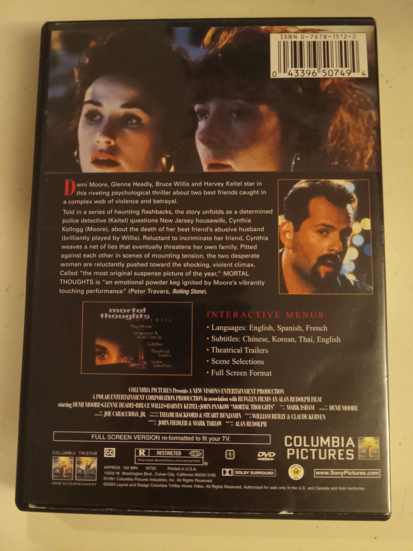 Mortal Thoughts, DVD Movie, Demi Moore Fullscreen, Rated R, USED