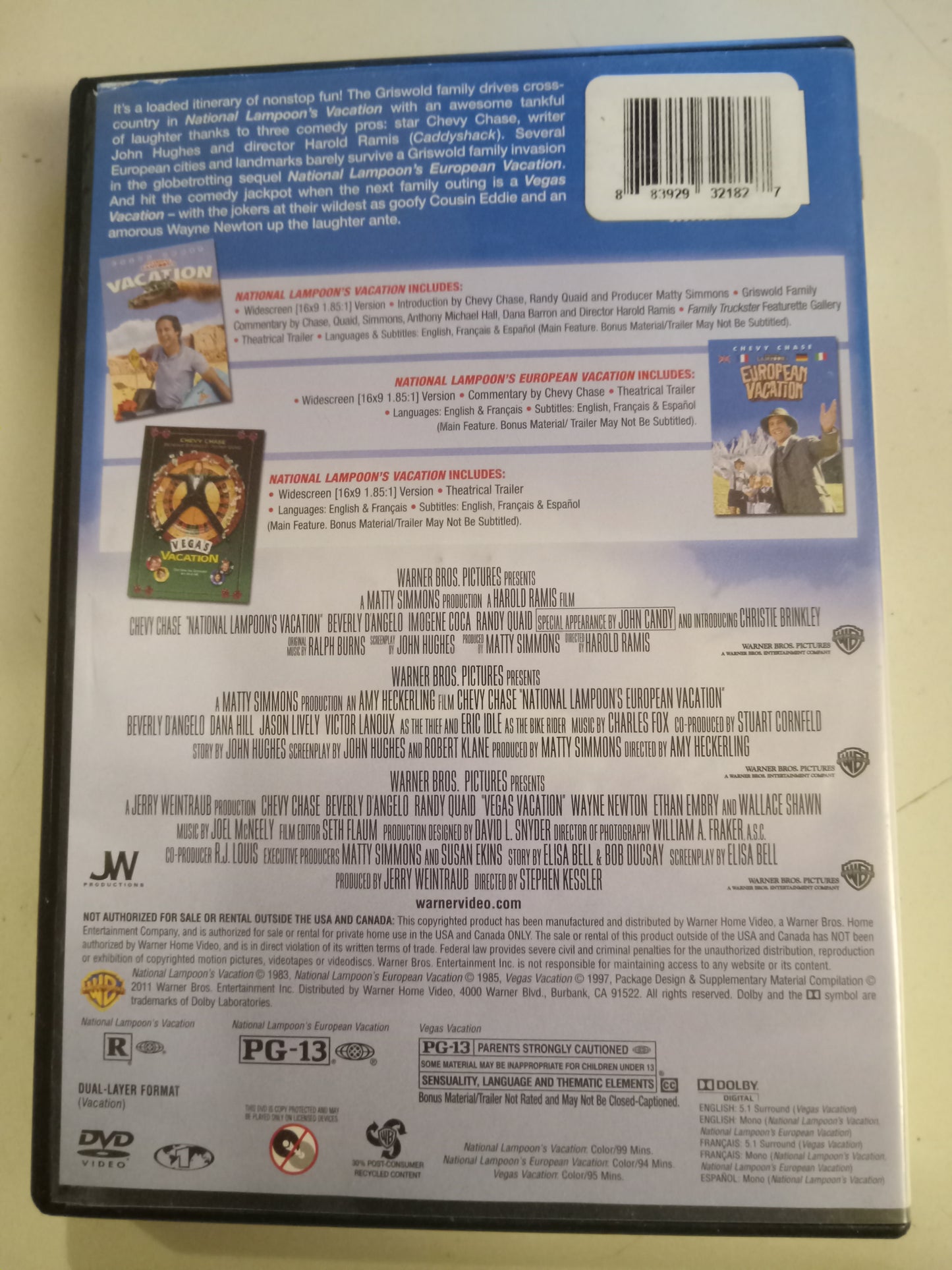 National Lampoon's Vacation/European Vacation/Vegas Vacation, 3 DVD Movies, Chevy Chase Widescreen, Rated R/PG-13, USED