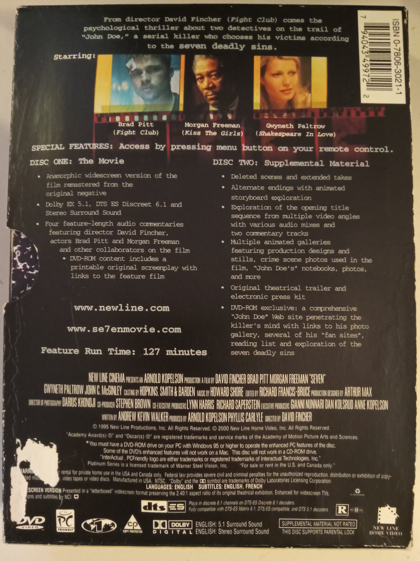 Seven, VII DVD Movie, Brad Pitt, Widescreen, New Line Platinum Ed. Rated R, NEW/USED