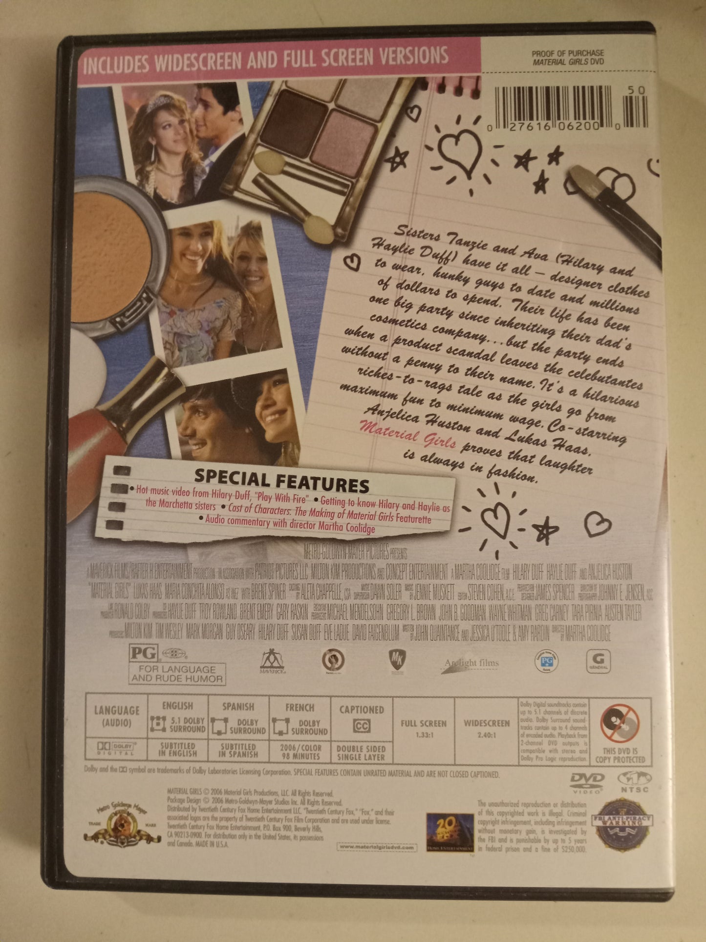 Material Girls, DVD Movie, Hilary Duff Widescreen, Fullscreen, Rated PG, USED