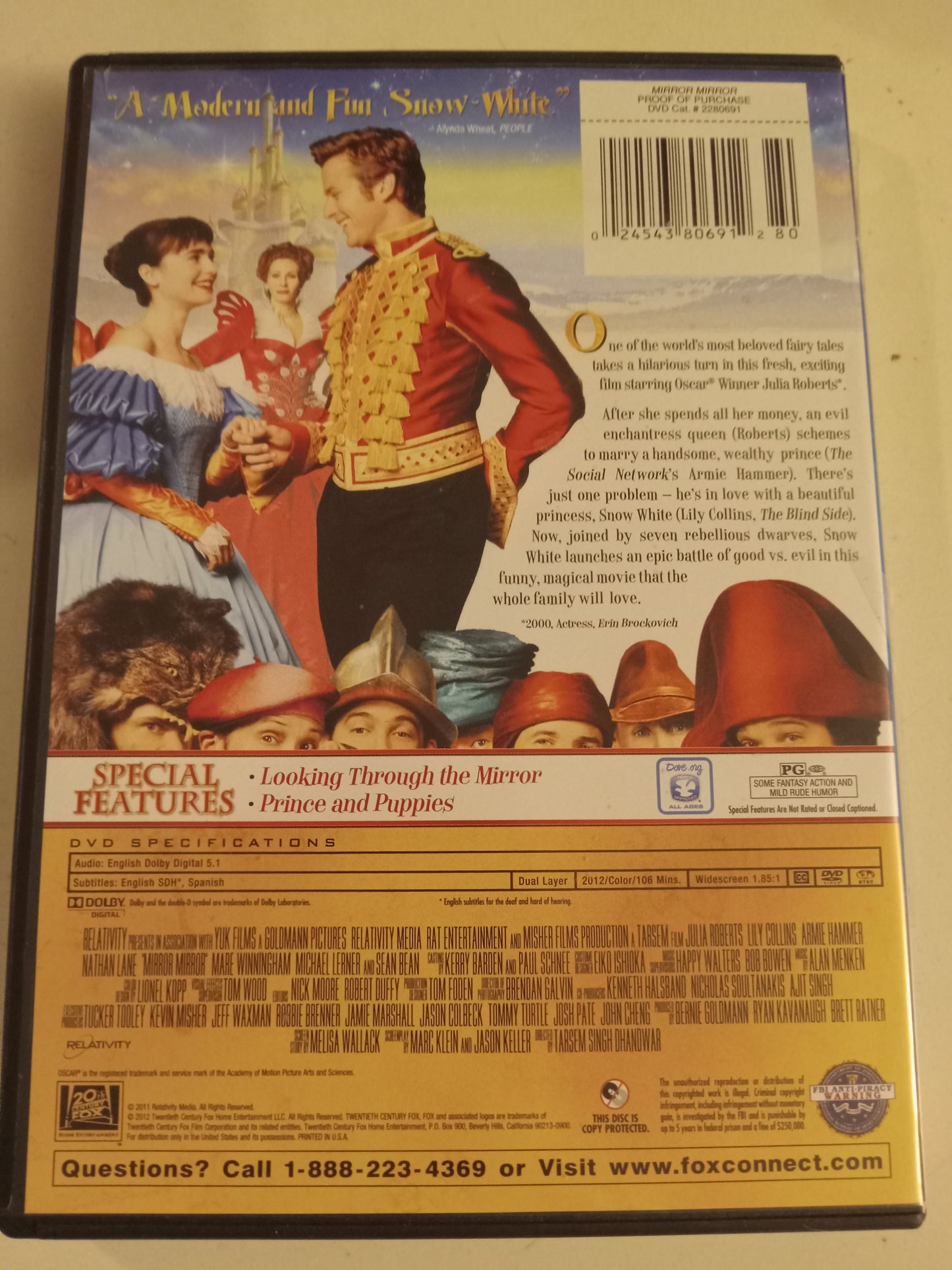 Mirror Mirror, DVD Movie, Julia Roberts Widescreen, Rated PG, USED