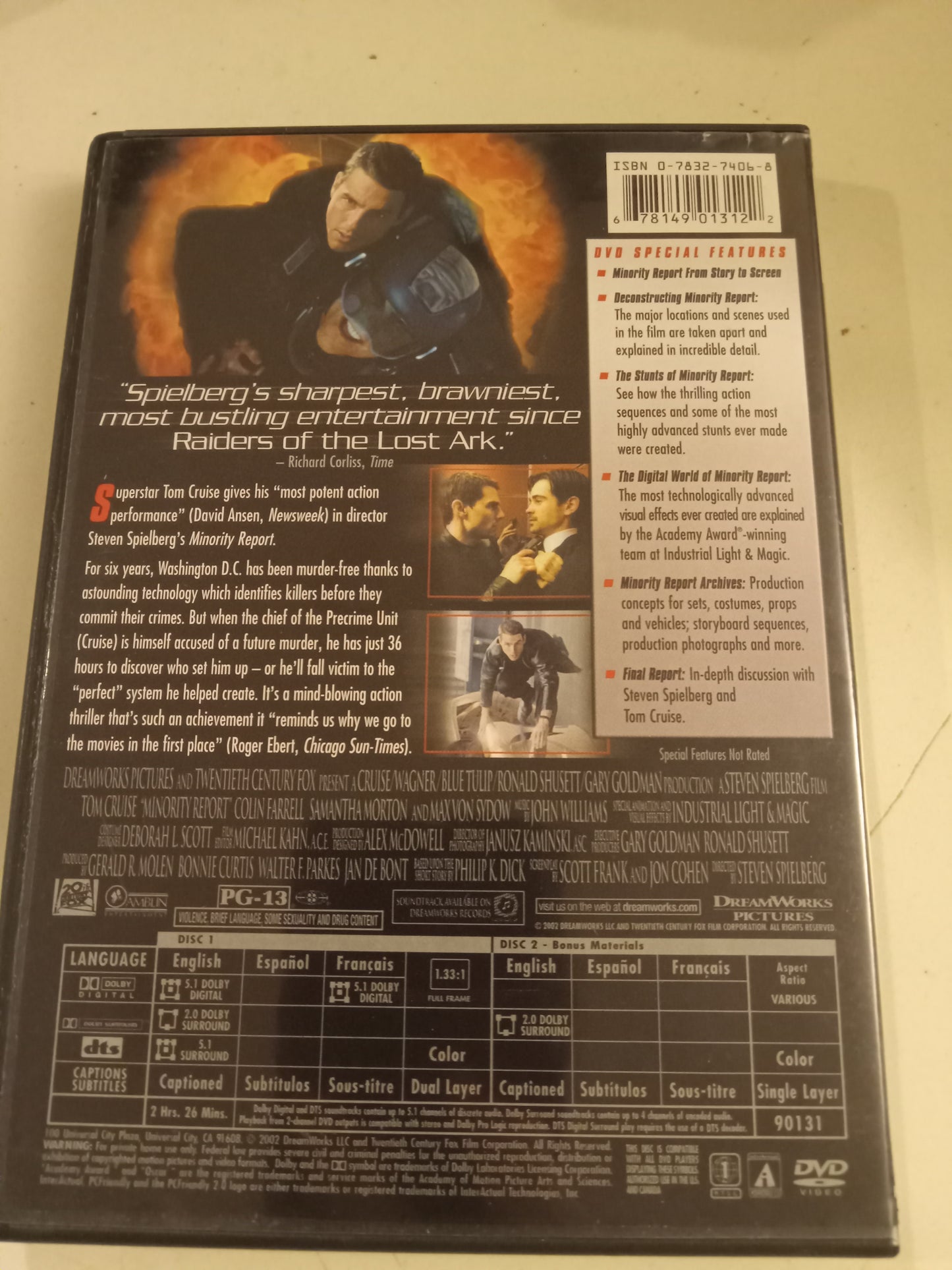 Minority Report, DVD Movie, Tom Cruise Fullscreen, Rated PG-13, USED