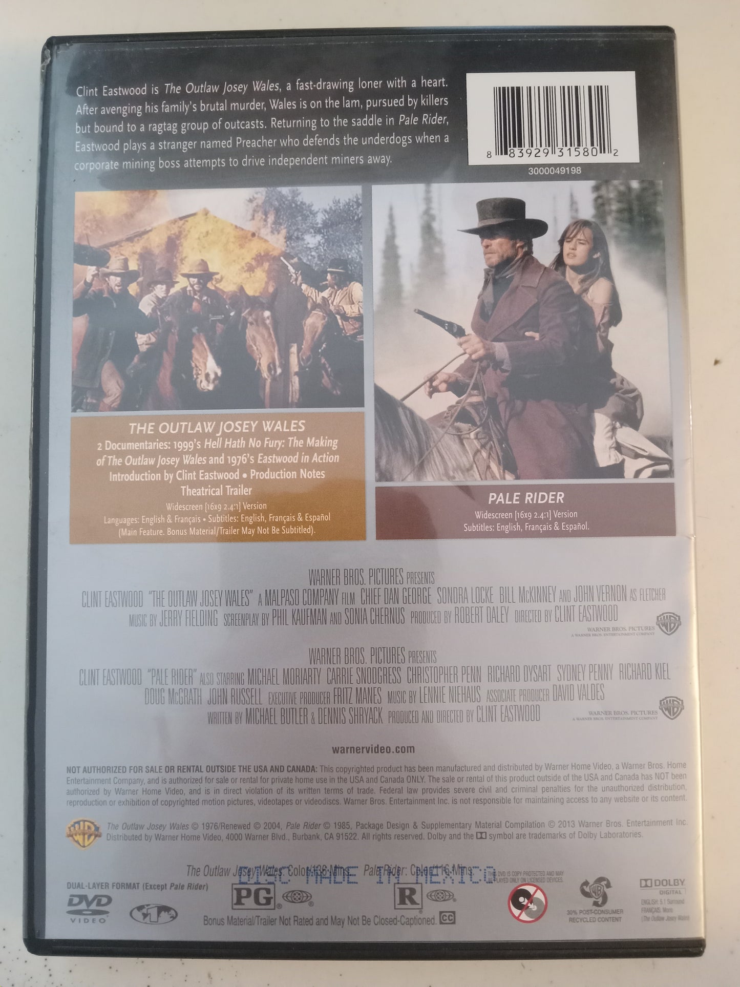 The Outlaw Josey Wales & Pale Rider, 2 DVD Movies, Clint Eastwood Widescreen, Rated PG, Rated R, USED