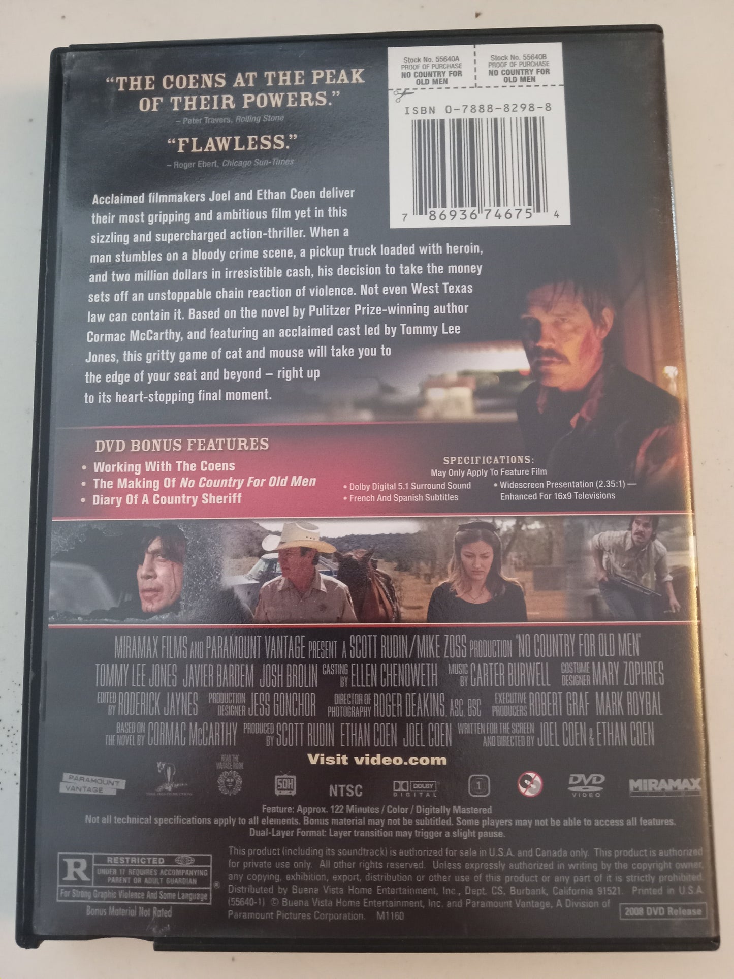 No Country For Old Men, DVD Movie, Tommy Lee Jones Widescreen, Rated R, USED