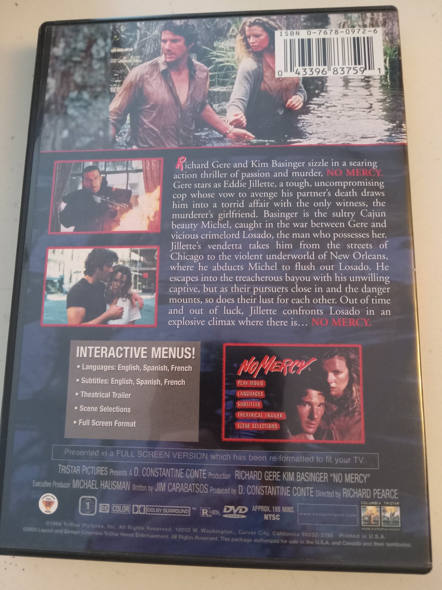 No Mercy, DVD Movie, Richard Gere Fullscreen, Rated PG-13, USED