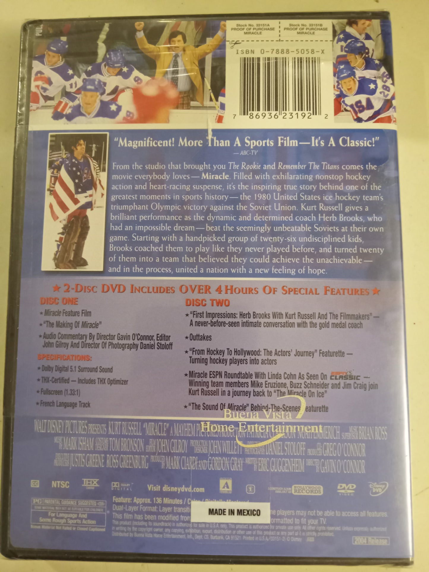 Miracle, DVD Movie, Kurt Russell Fullscreen, Rated PG, NEW