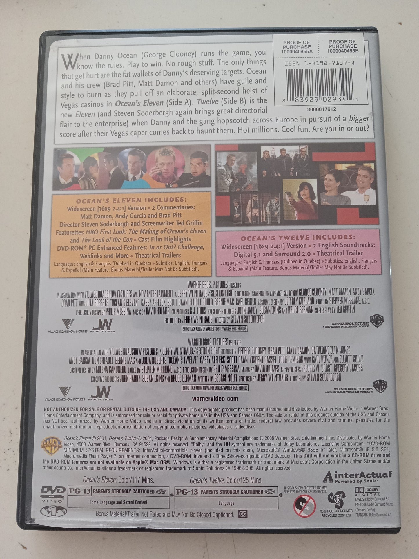 Ocean's Eleven 11 & Twelve 12, 2 DVD Movies, George Clooney Widescreen, Rated PG-13, USED