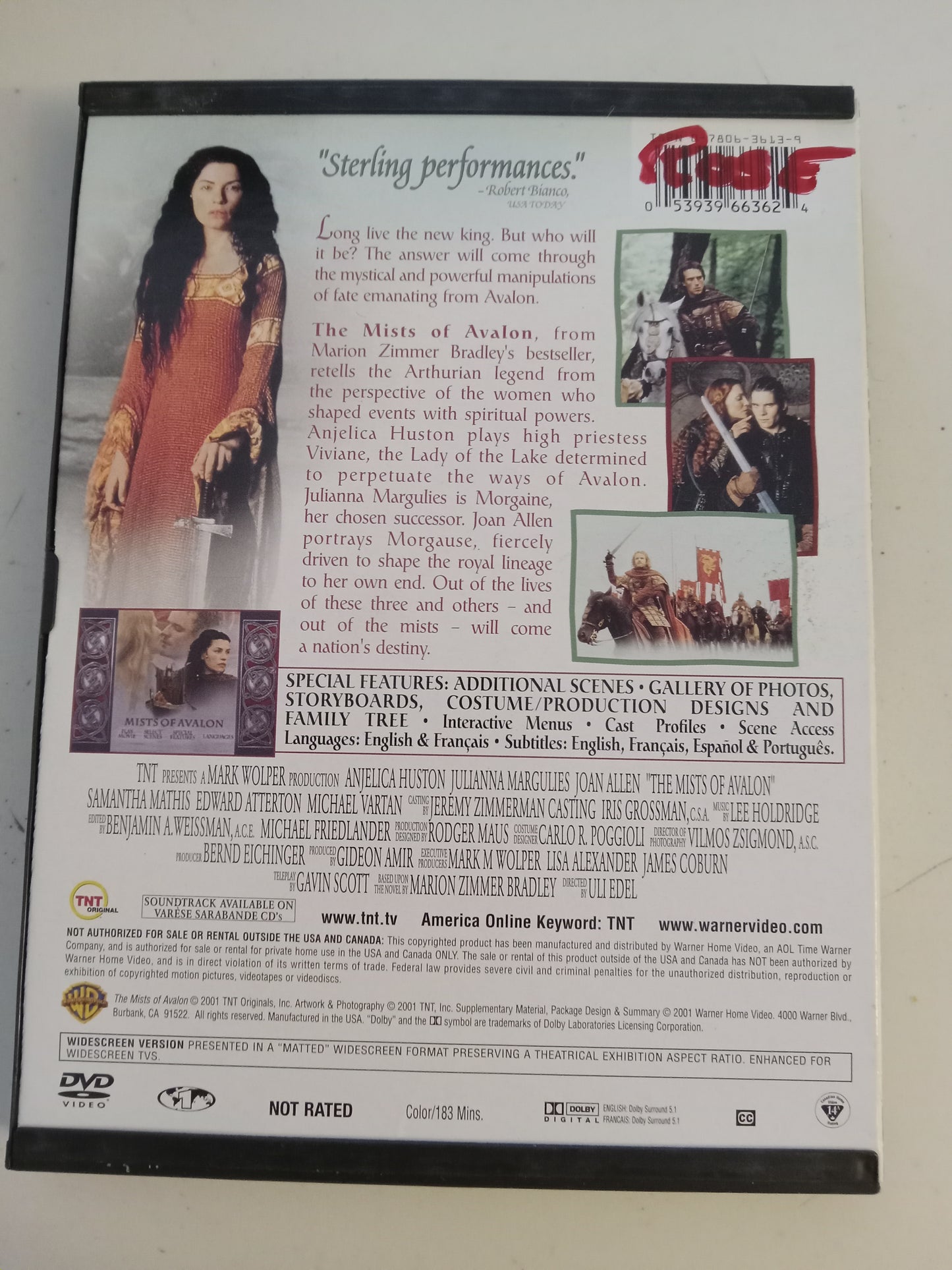 The Mists Of Avalon, DVD Movie, Anjelica Huston Widescreen, Not Rated, USED