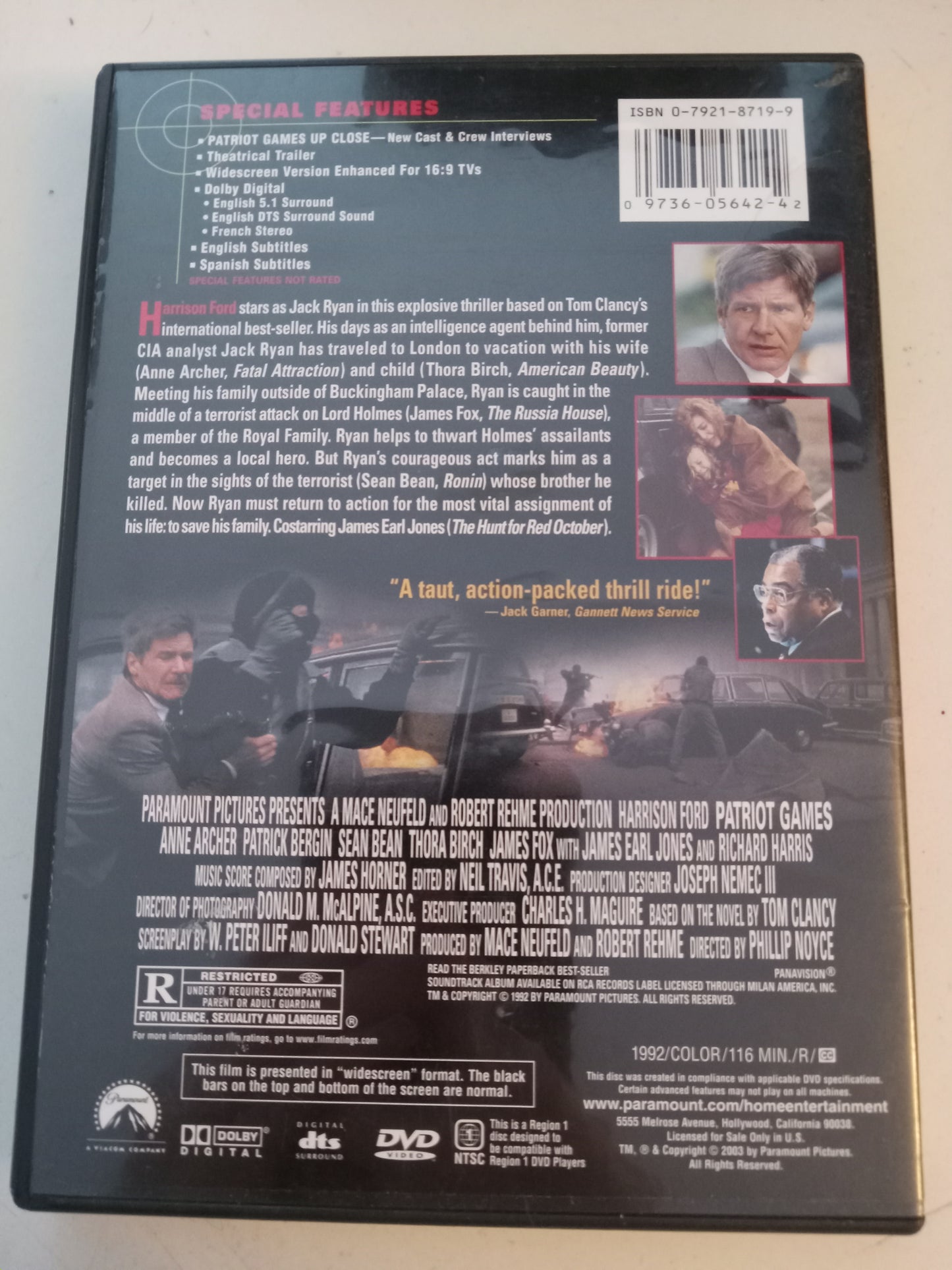 Patriot Games, DVD Movie, Special Collector's Ed. Harrison Ford Widescreen, Rated R, USED