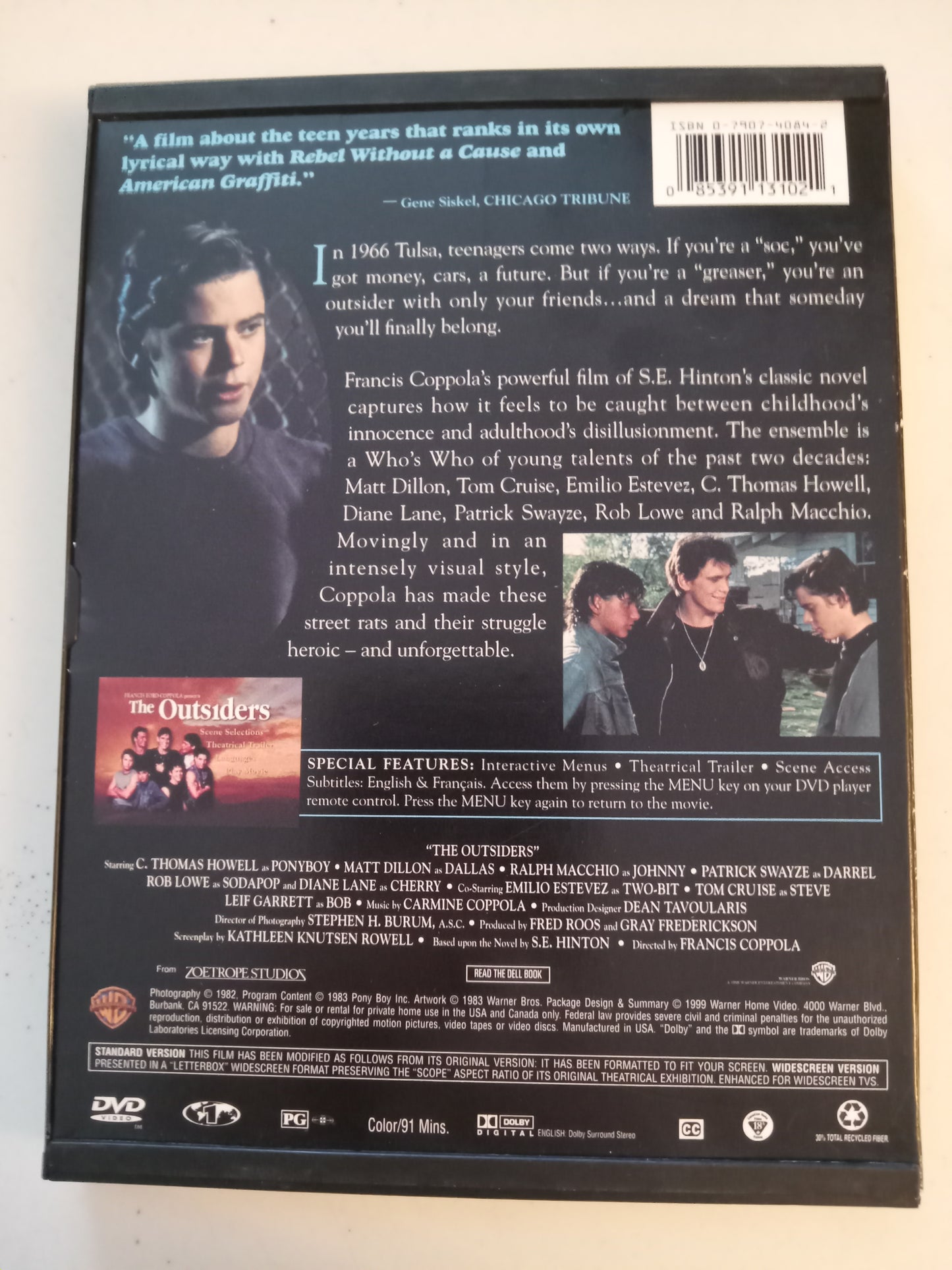 The Outsiders, DVD Movie, Patrick Swayze Widescreen, Rated PG, USED